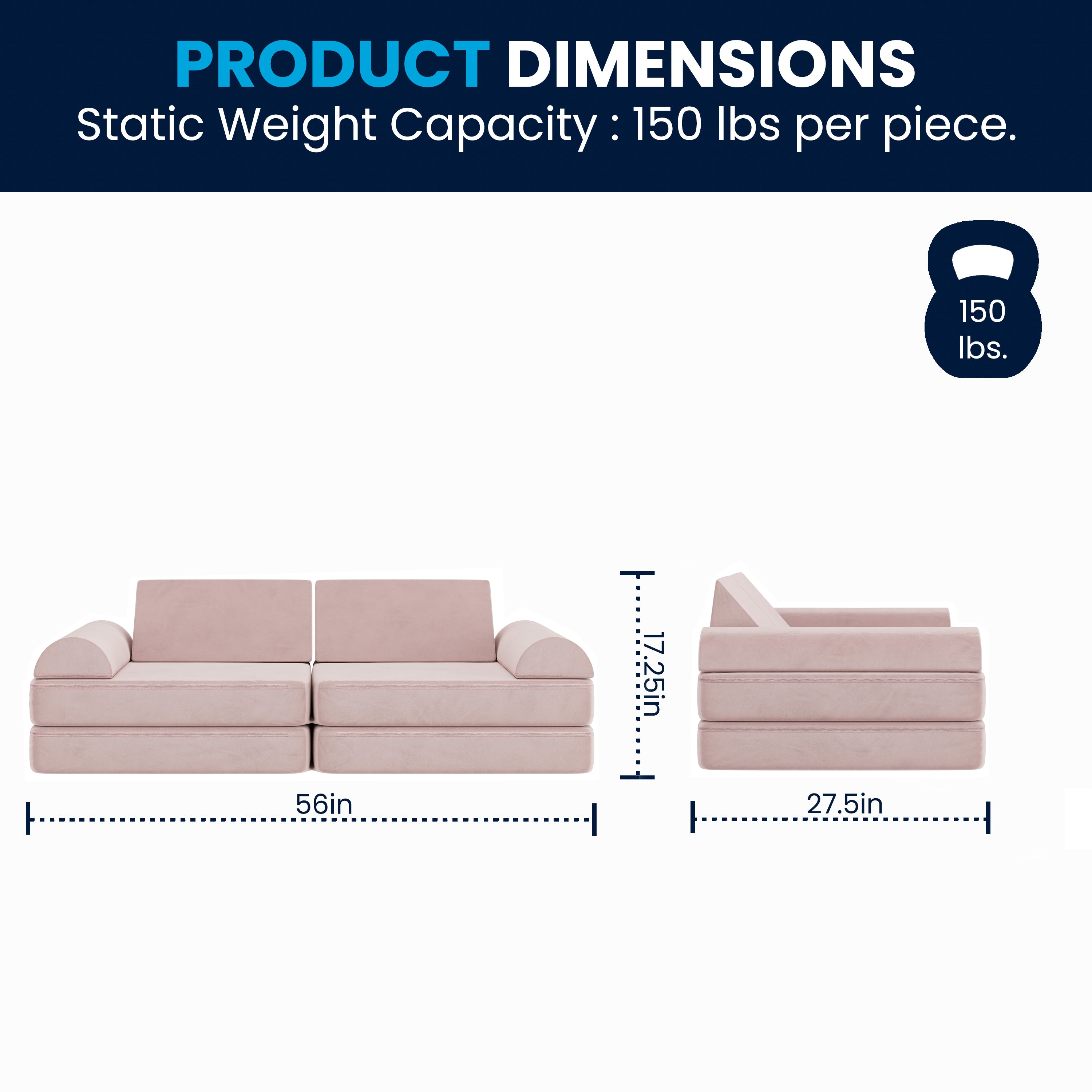 Marlowe 56" Modular Kids Play Couch with 6 Soft Foam Sectional Sofa Pieces in Blush