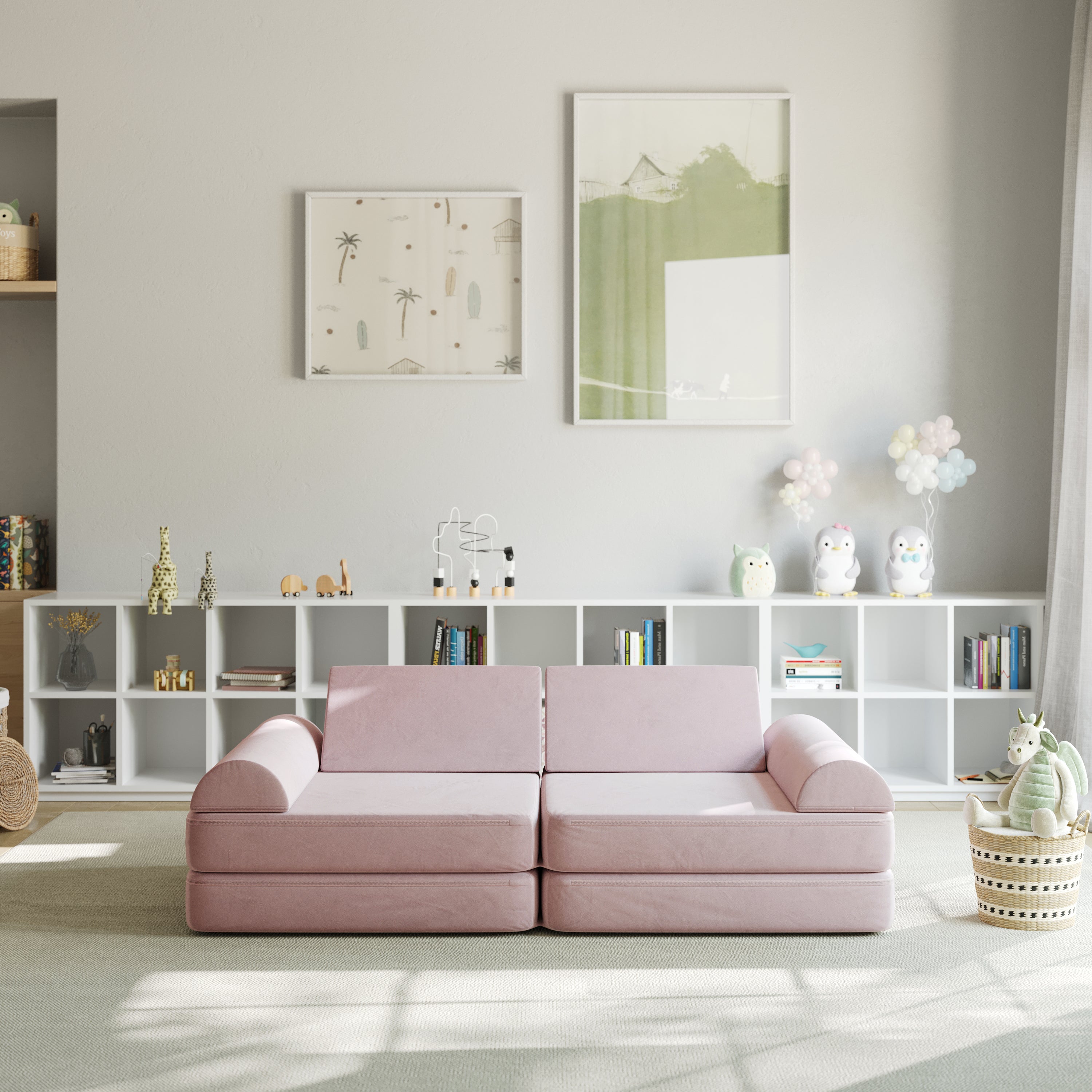 Marlowe 56" Modular Kids Play Couch with 6 Soft Foam Sectional Sofa Pieces in Blush