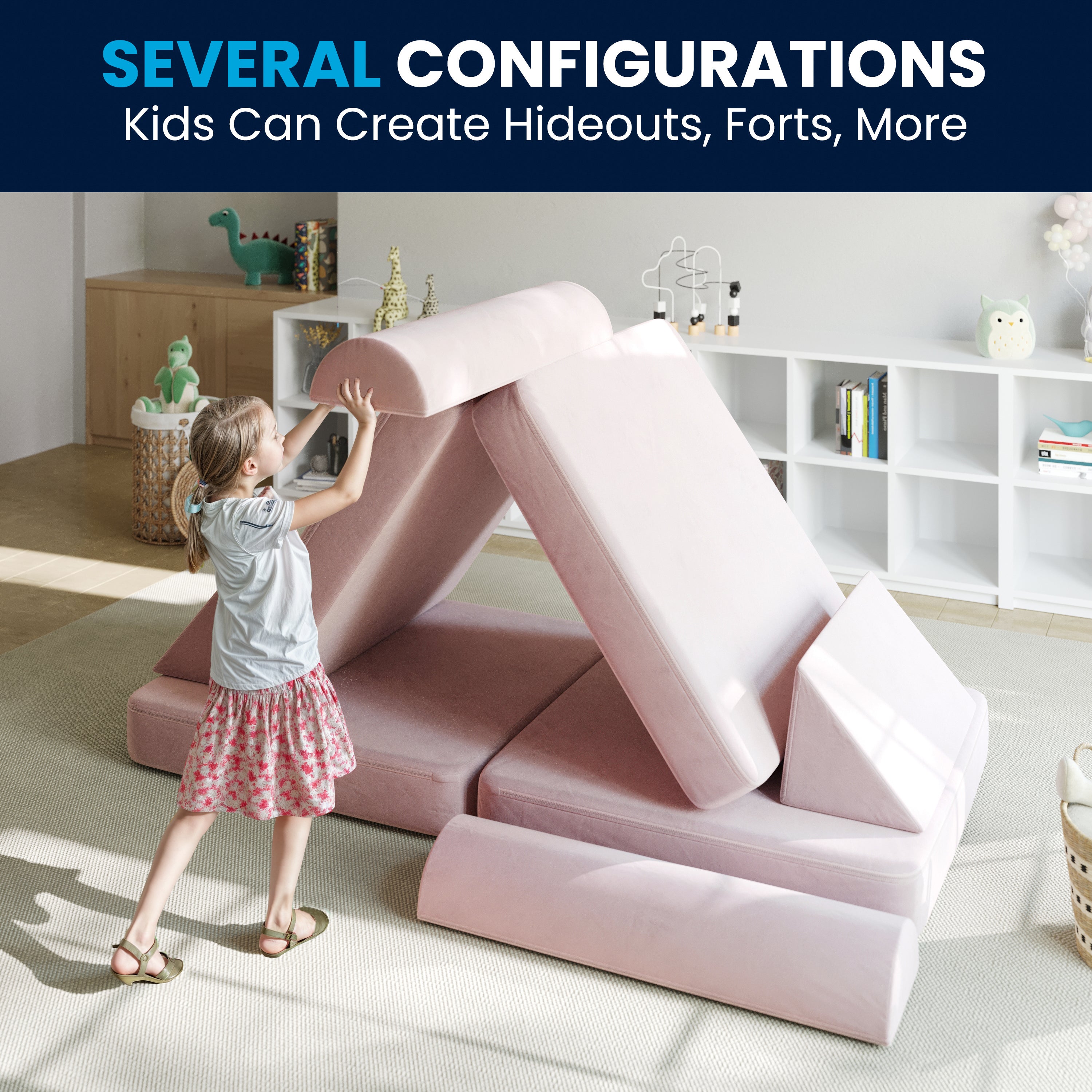 Marlowe 56" Modular Kids Play Couch with 6 Soft Foam Sectional Sofa Pieces in Blush