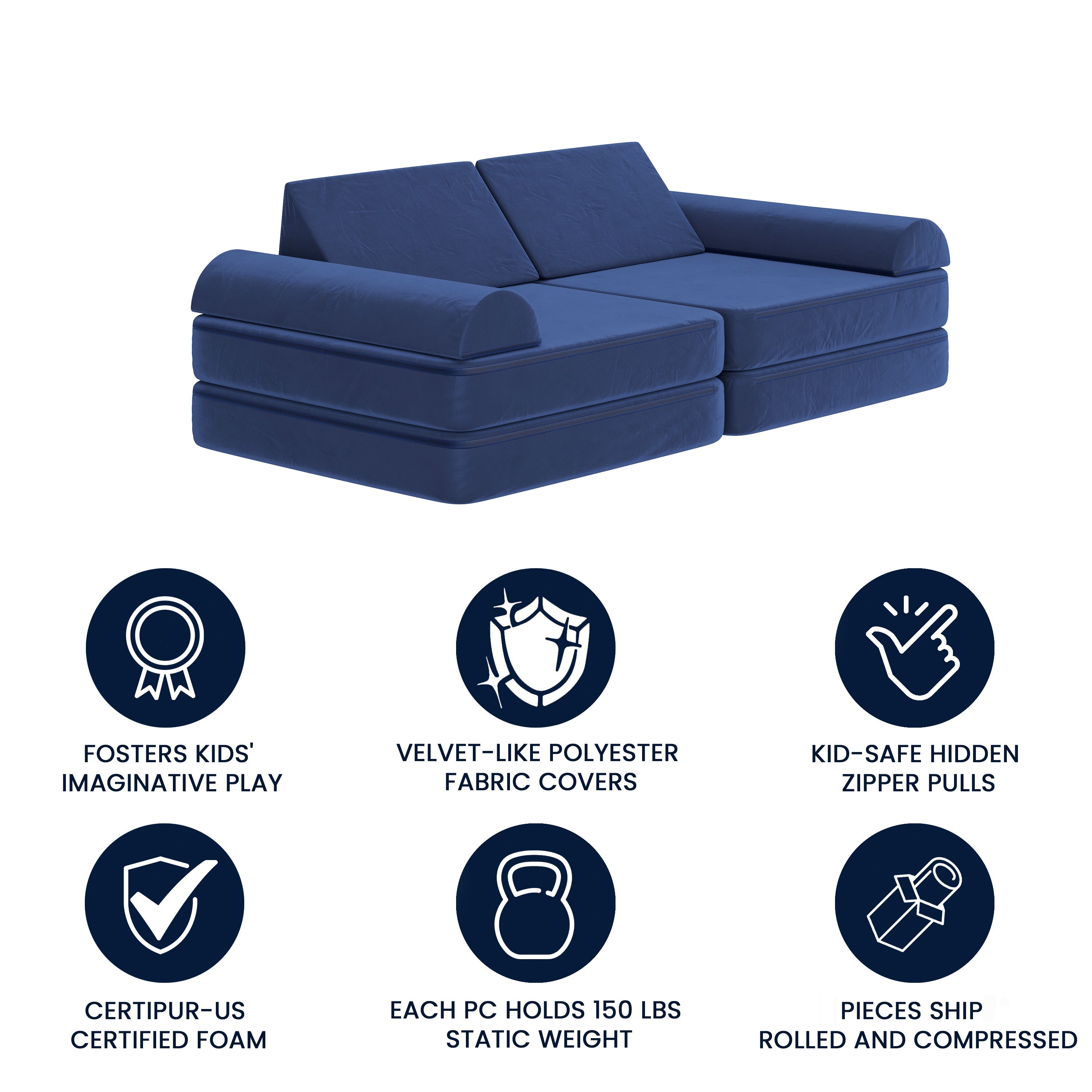 Marlowe 56" Modular Kids Play Couch with 6 Soft Foam Sectional Sofa Pieces in Blue