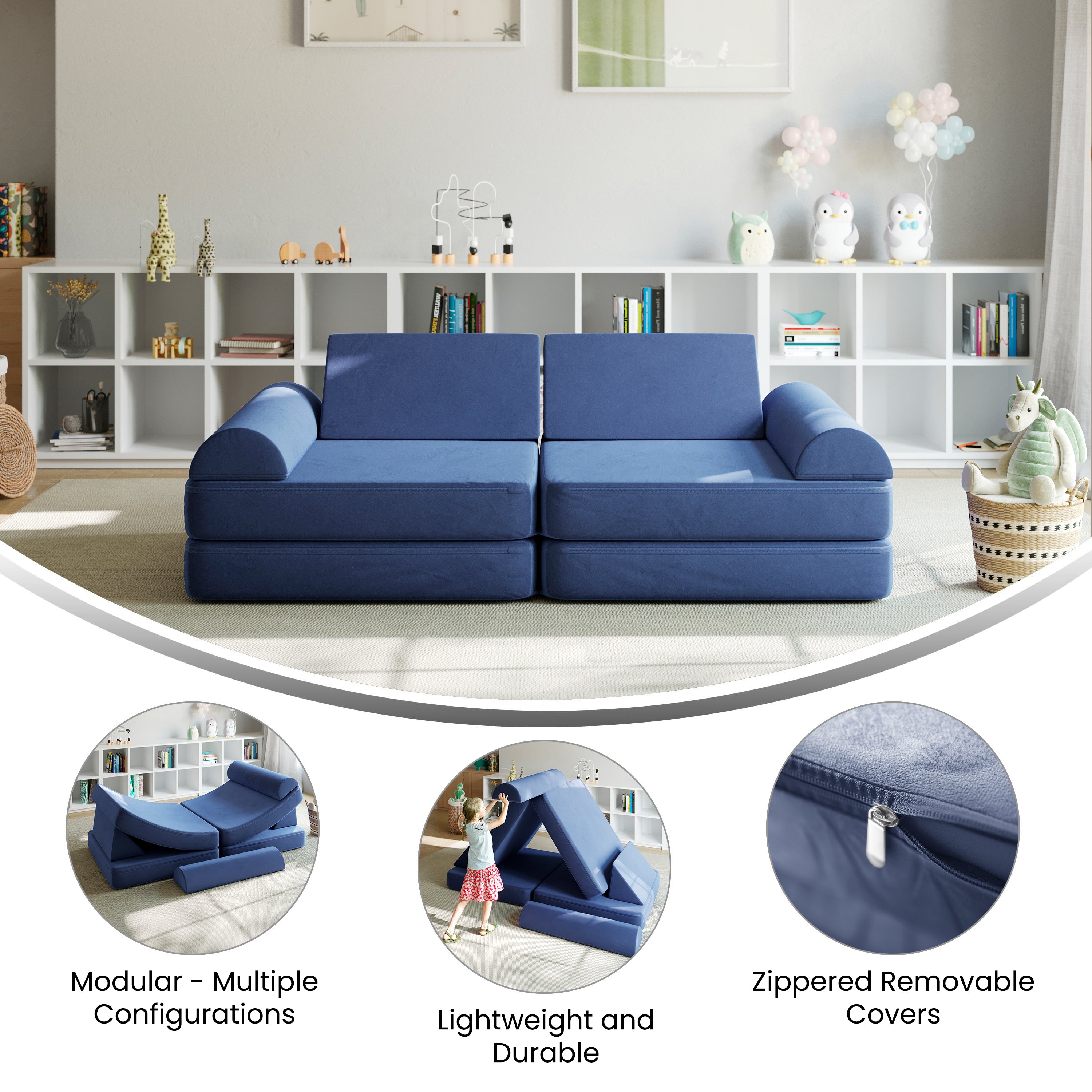 Marlowe 56" Modular Kids Play Couch with 6 Soft Foam Sectional Sofa Pieces in Blue