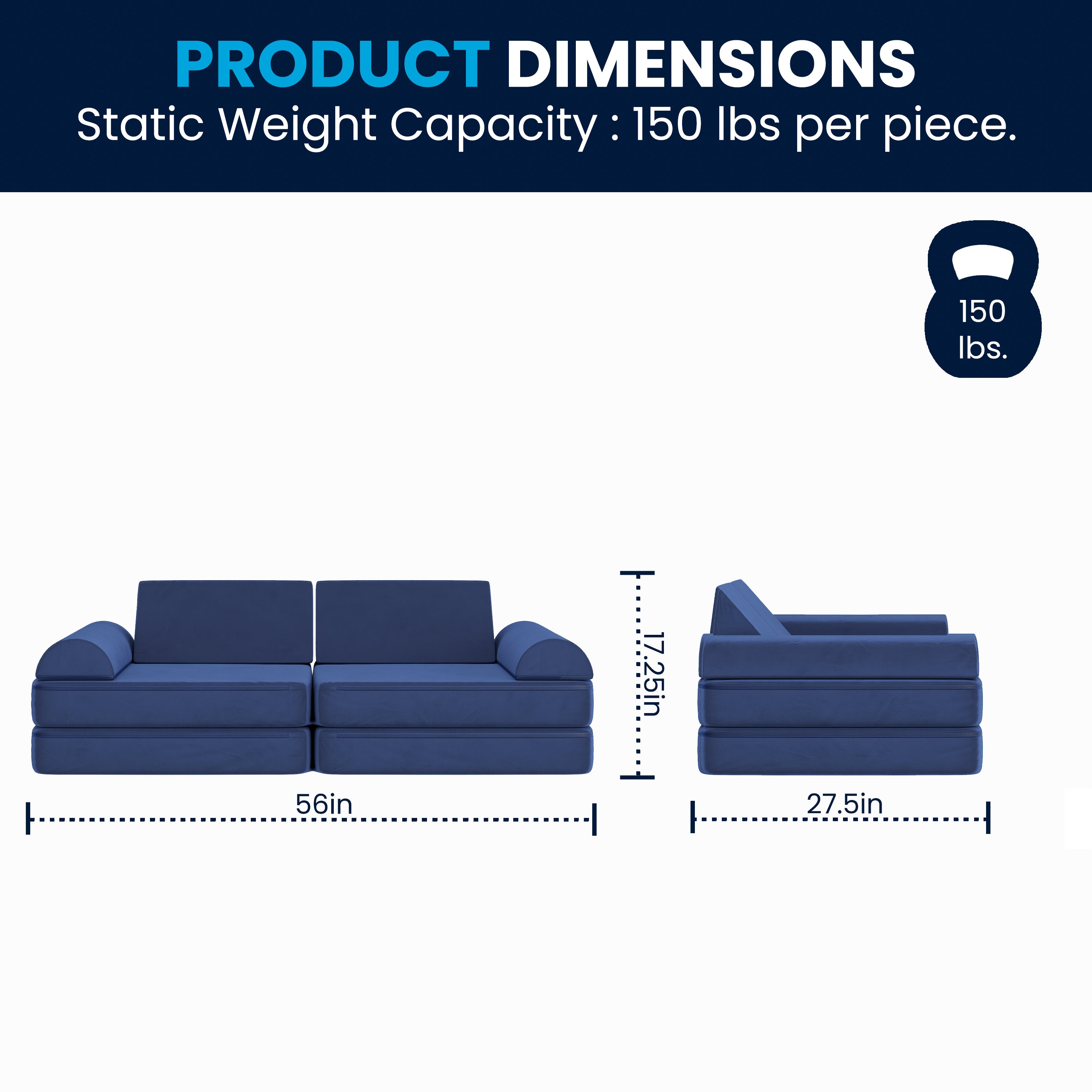 Marlowe 56" Modular Kids Play Couch with 6 Soft Foam Sectional Sofa Pieces in Blue