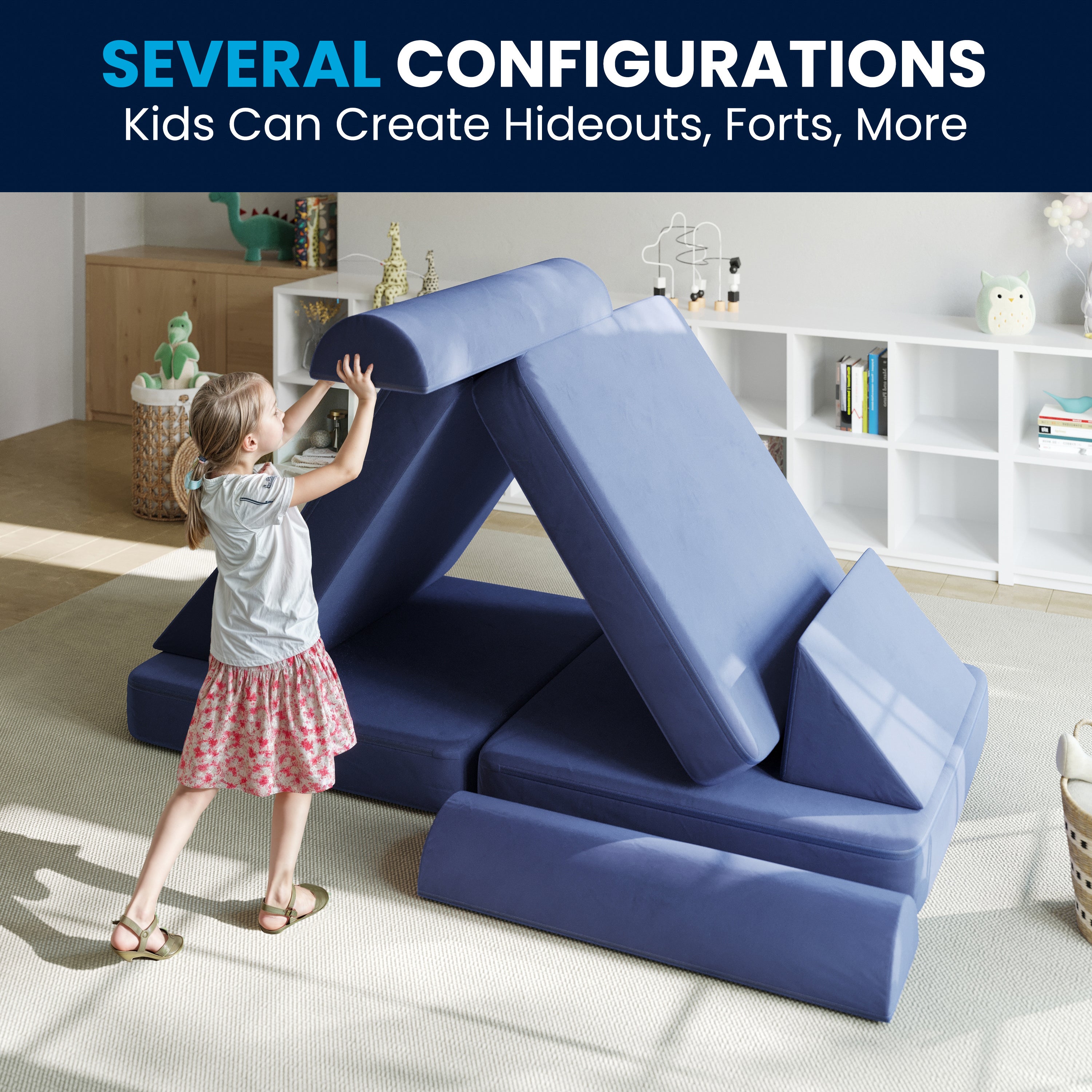 Marlowe 56" Modular Kids Play Couch with 6 Soft Foam Sectional Sofa Pieces in Blue