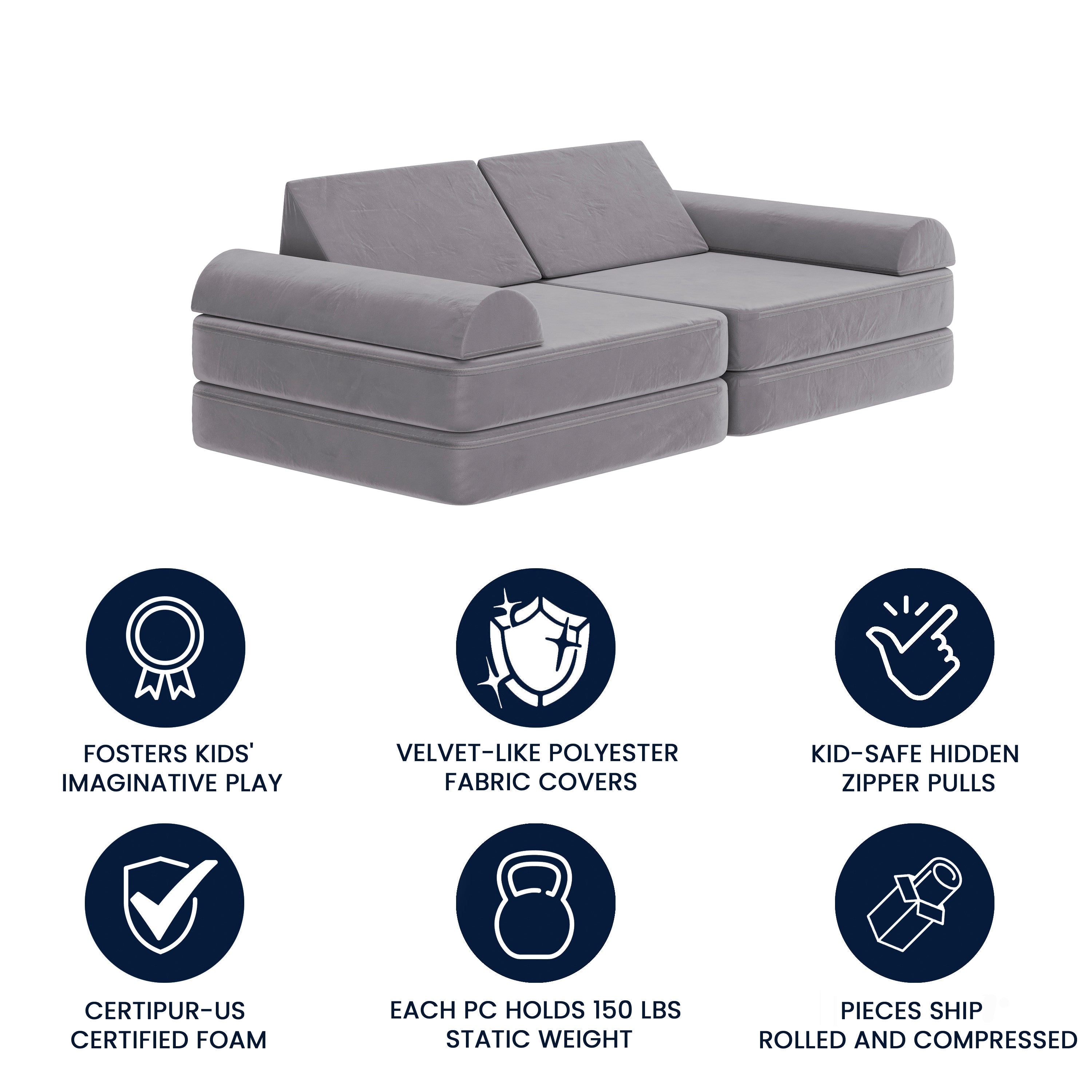 Marlowe 56" Modular Kids Play Couch with 6 Soft Foam Sectional Sofa Pieces in Gray