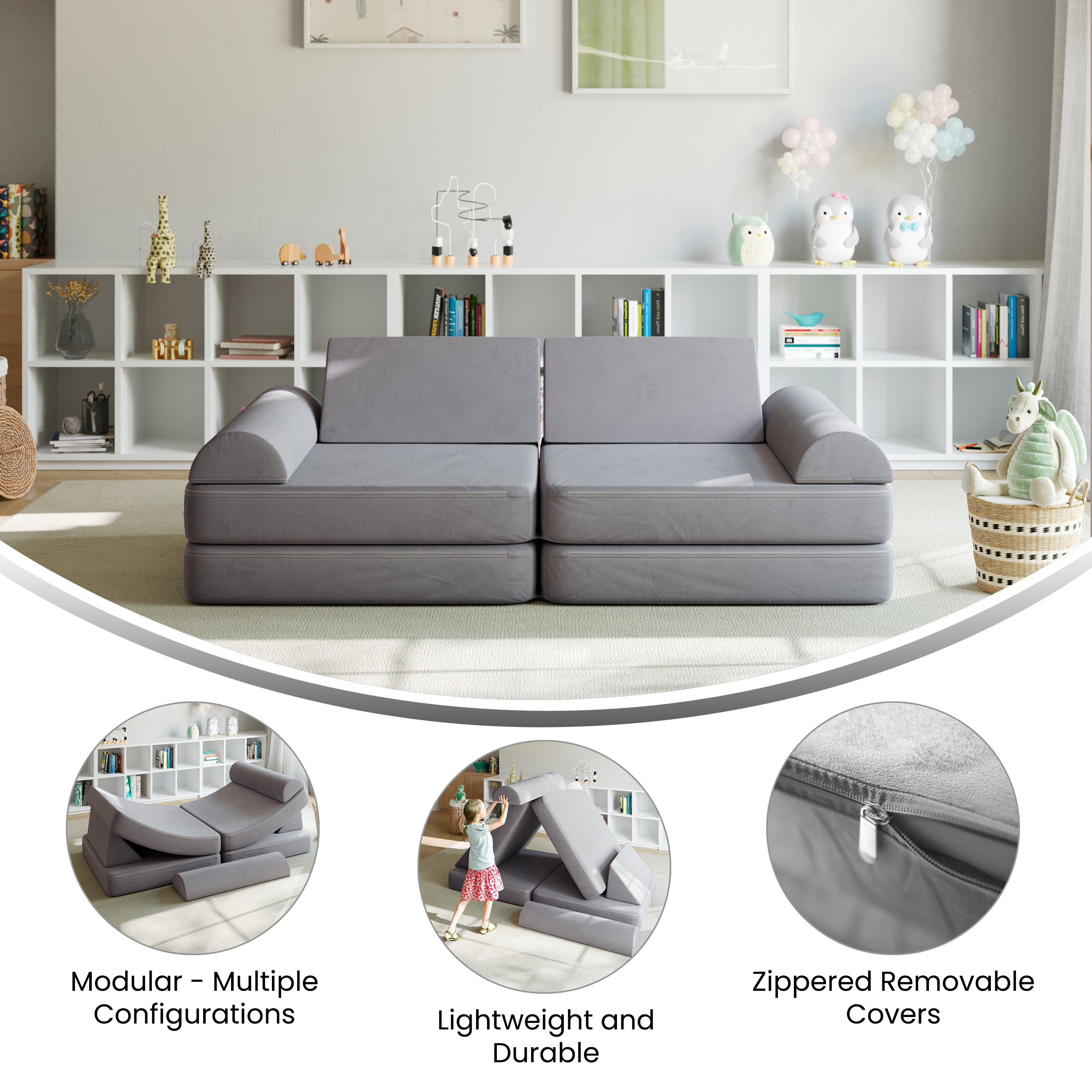 Marlowe 56" Modular Kids Play Couch with 6 Soft Foam Sectional Sofa Pieces in Gray