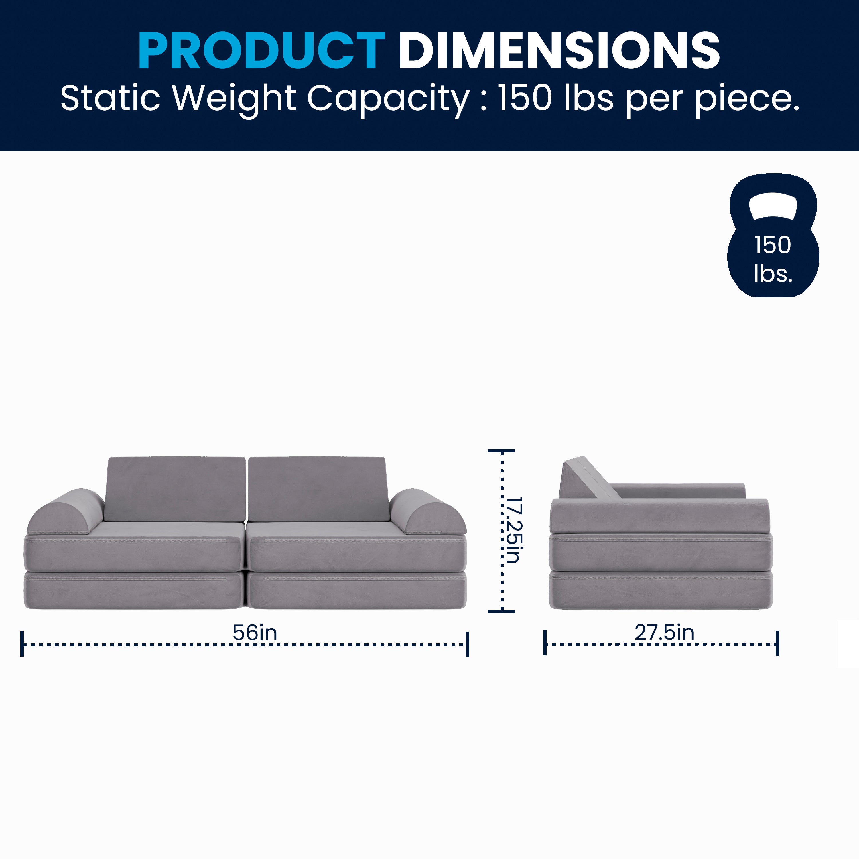 Marlowe 56" Modular Kids Play Couch with 6 Soft Foam Sectional Sofa Pieces in Gray