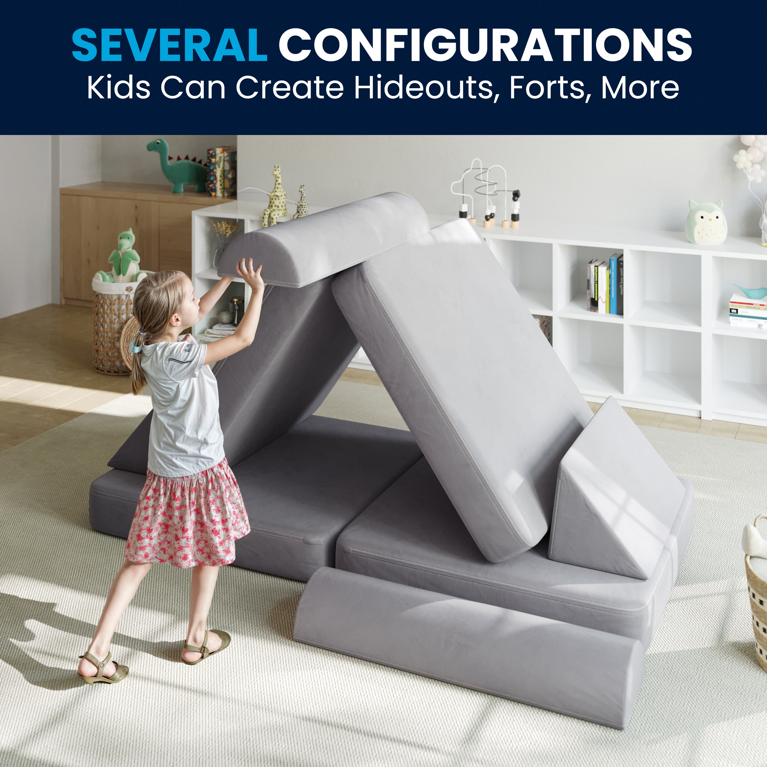 Marlowe 56" Modular Kids Play Couch with 6 Soft Foam Sectional Sofa Pieces in Gray
