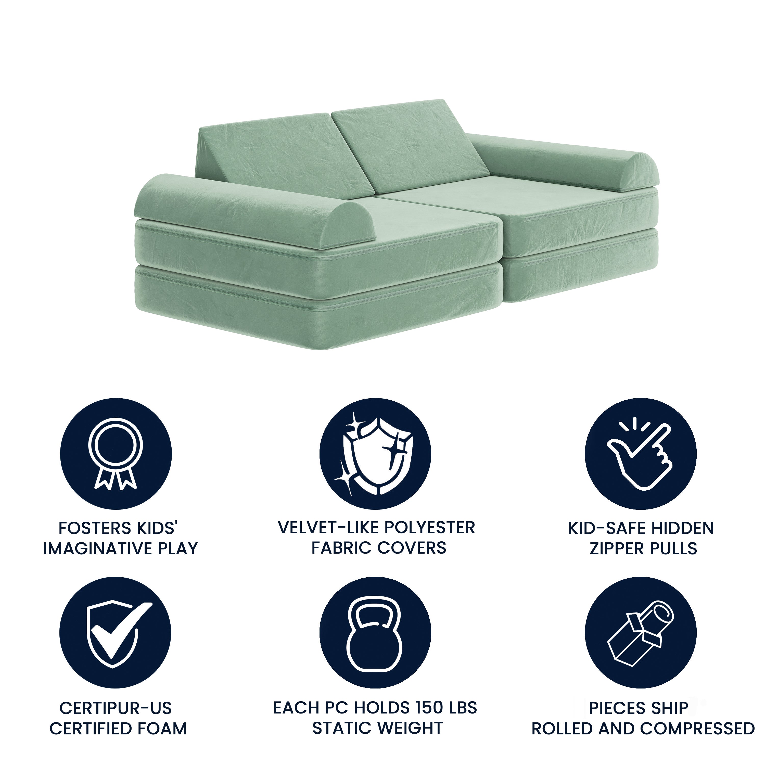 Marlowe 56" Modular Kids Play Couch with 6 Soft Foam Sectional Sofa Pieces in Sage