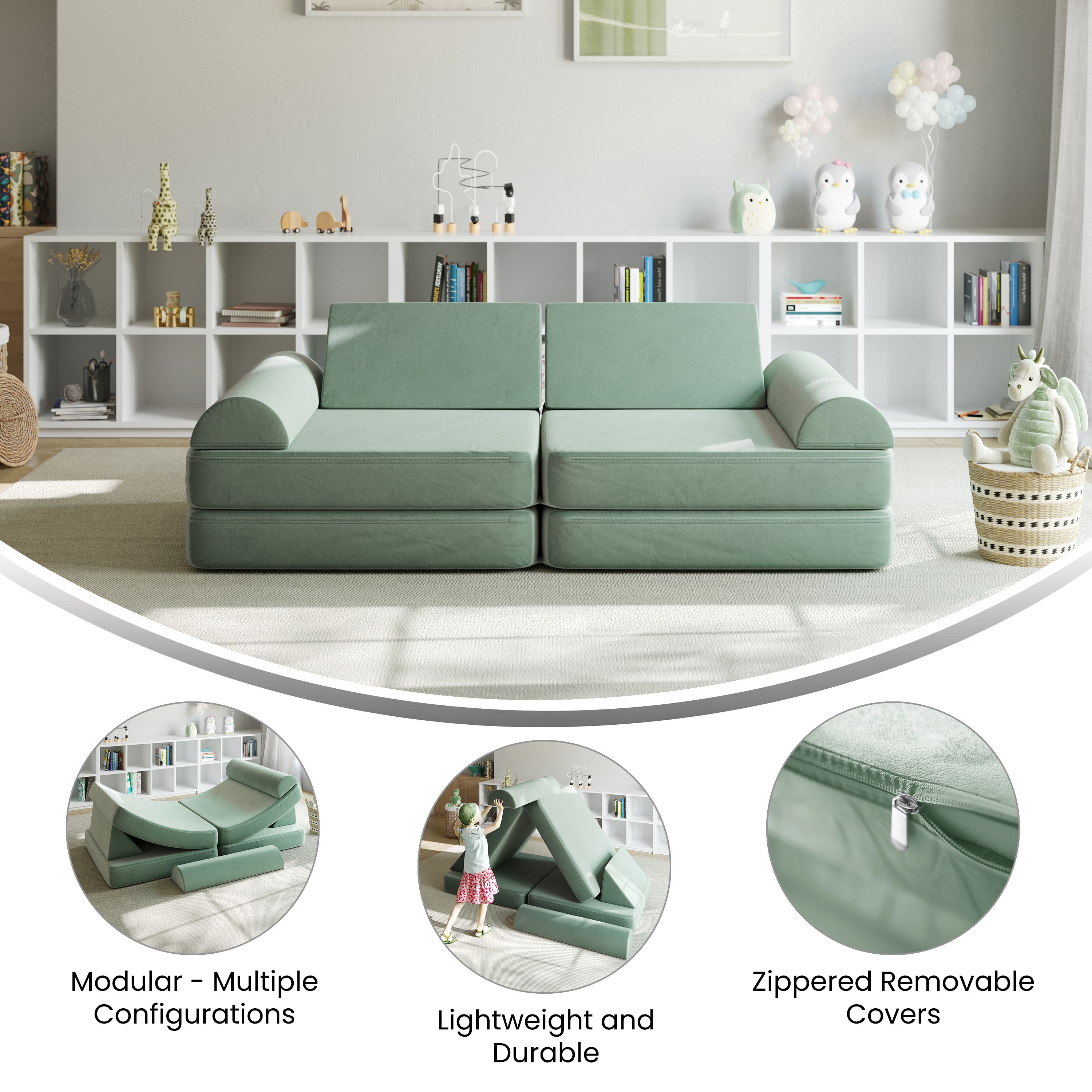 Marlowe 56" Modular Kids Play Couch with 6 Soft Foam Sectional Sofa Pieces in Sage