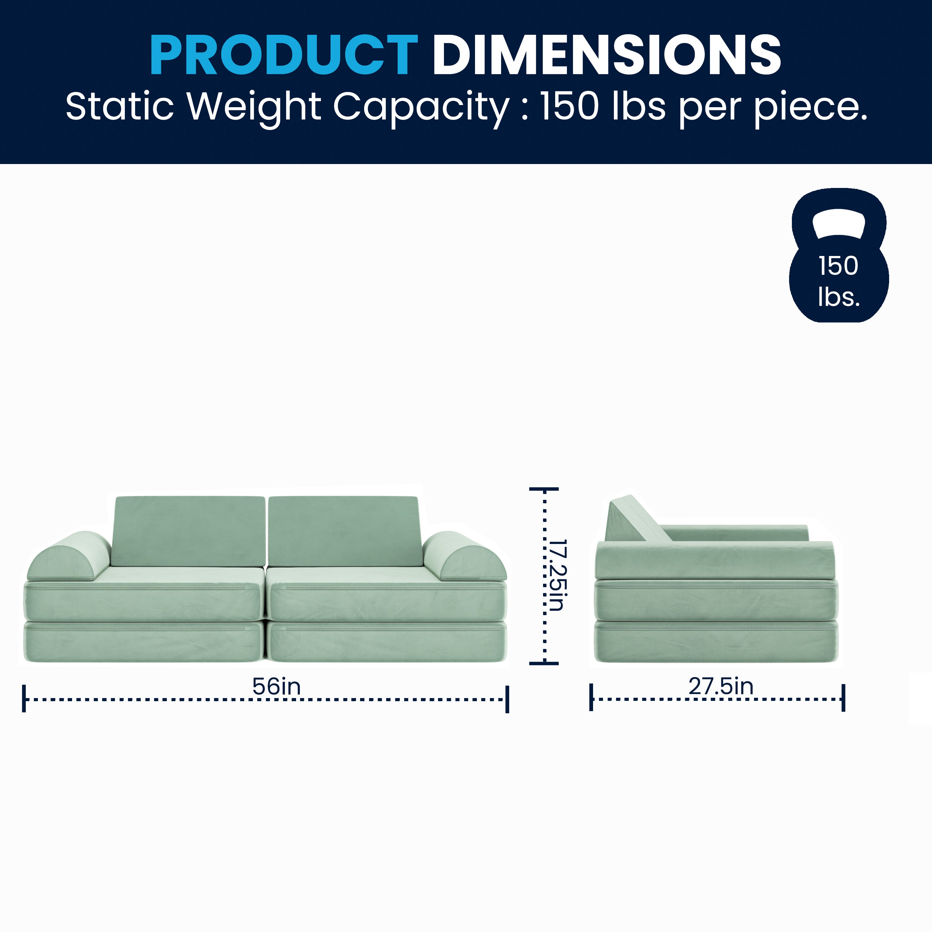 Marlowe 56" Modular Kids Play Couch with 6 Soft Foam Sectional Sofa Pieces in Sage