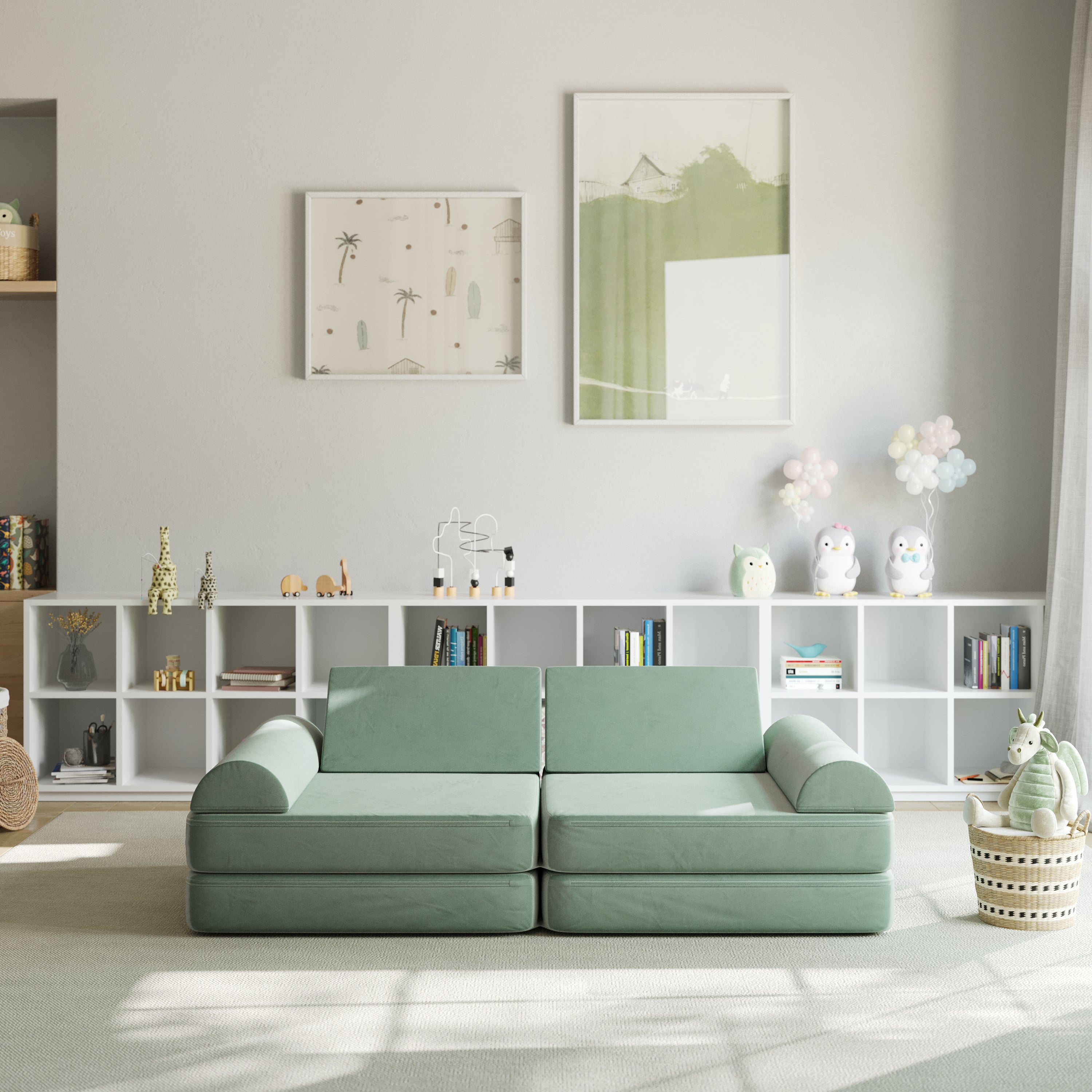 Marlowe 56" Modular Kids Play Couch with 6 Soft Foam Sectional Sofa Pieces in Sage