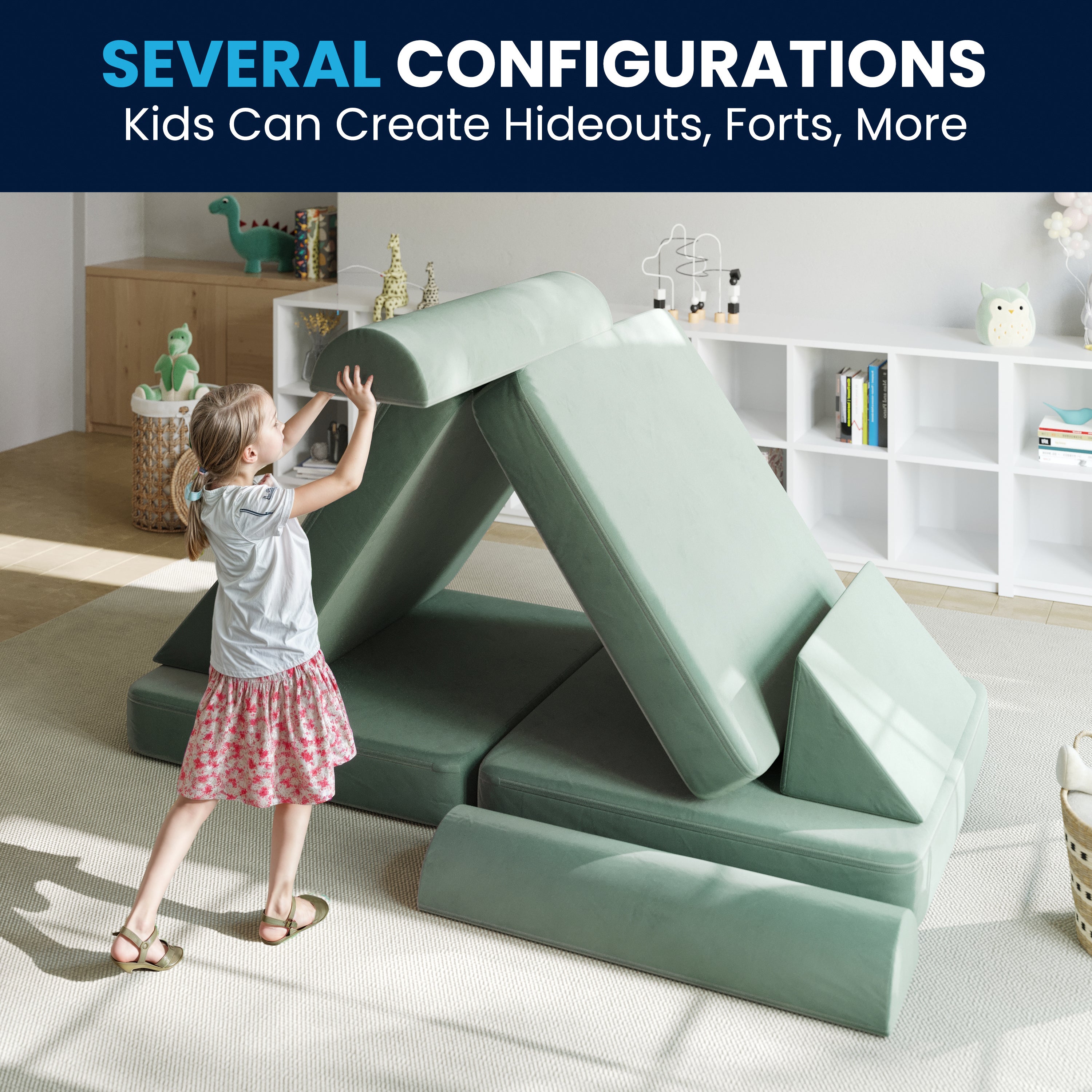 Marlowe 56" Modular Kids Play Couch with 6 Soft Foam Sectional Sofa Pieces in Sage