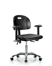 Newport Industrial Polyurethane Chair Chrome - Desk Height with Adjustable Arms & Casters in Black Polyurethane