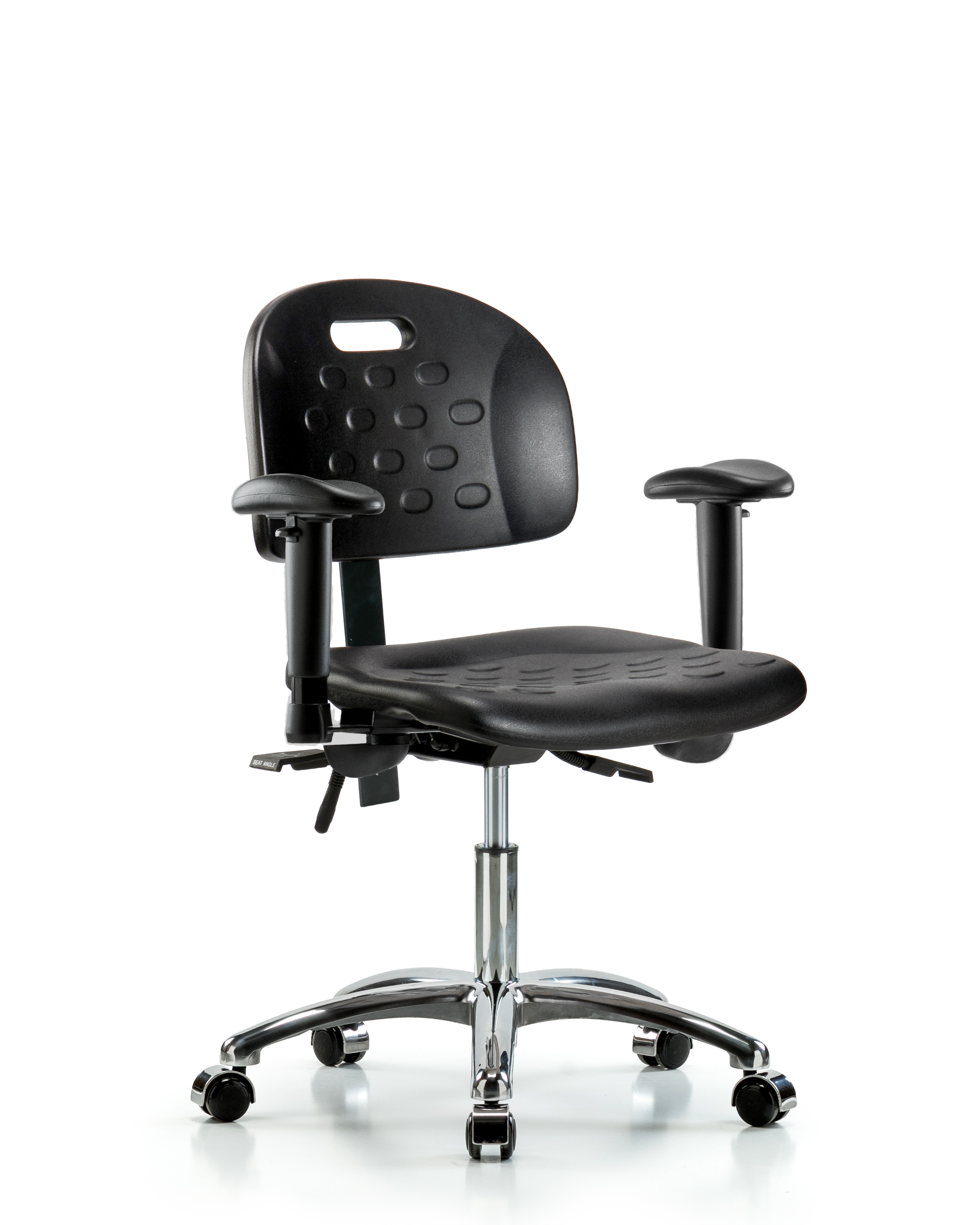 Newport Industrial Polyurethane Chair Chrome - Desk Height with Adjustable Arms & Casters in Black Polyurethane