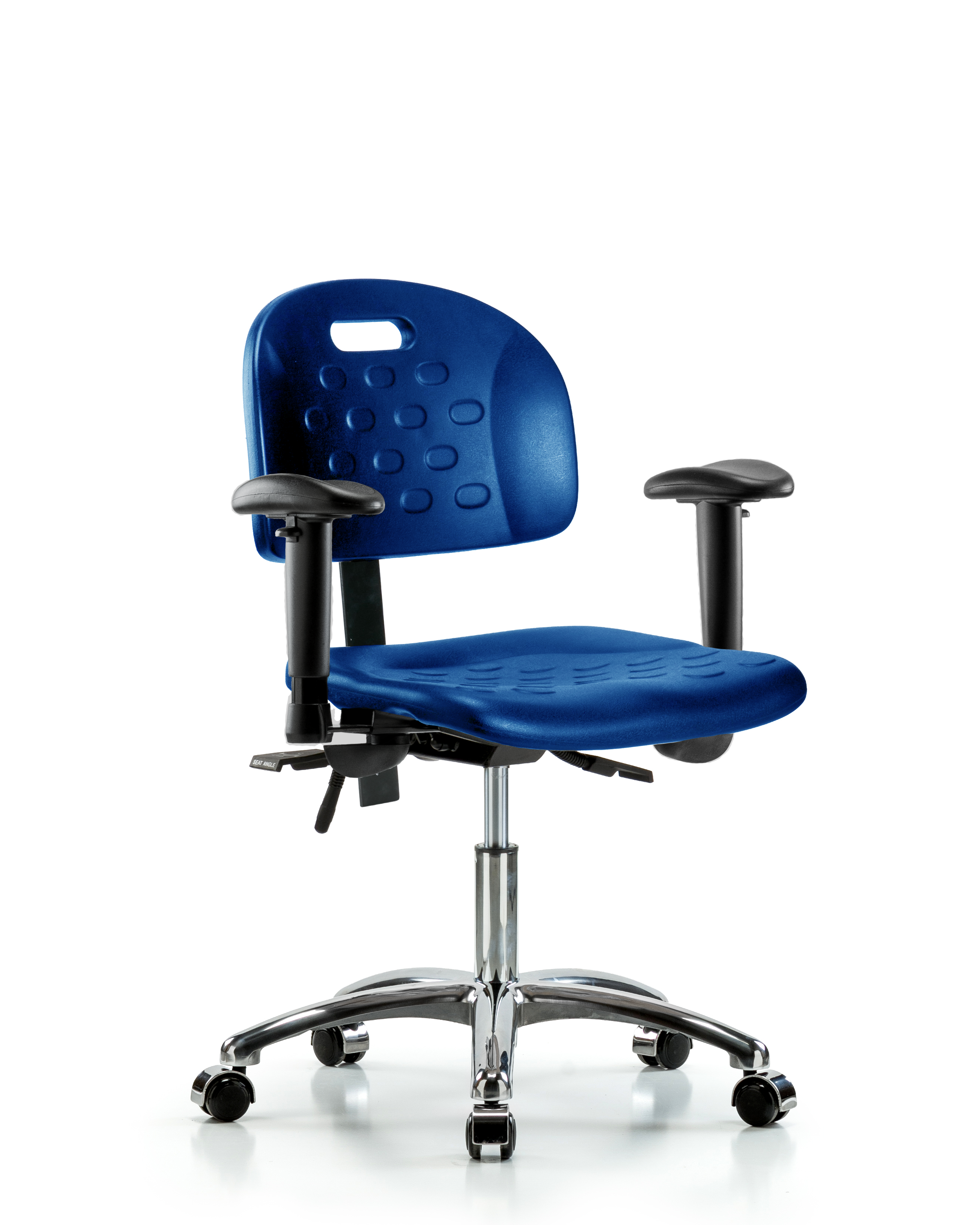 Newport Industrial Polyurethane Chair Chrome - Desk Height with Adjustable Arms & Casters in Blue Polyurethane