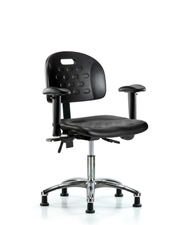 Newport Industrial Polyurethane Chair Chrome - Desk Height with Adjustable Arms & Stationary Glides in Black Polyurethane