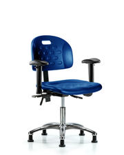 Newport Industrial Polyurethane Chair Chrome - Desk Height with Adjustable Arms & Stationary Glides in Blue Polyurethane