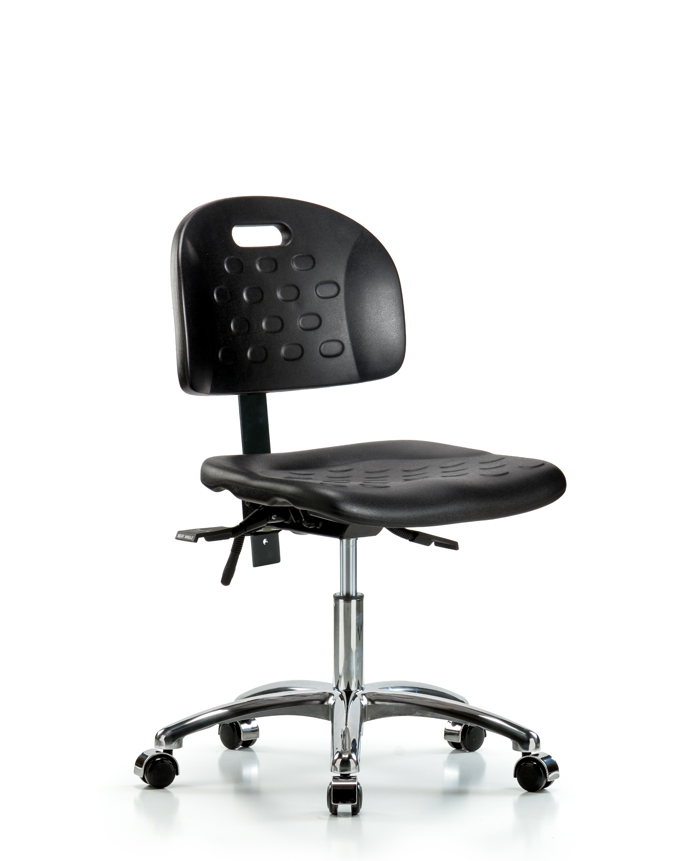 Newport Industrial Polyurethane Chair Chrome - Desk Height with Seat Tilt & Casters in Black Polyurethane