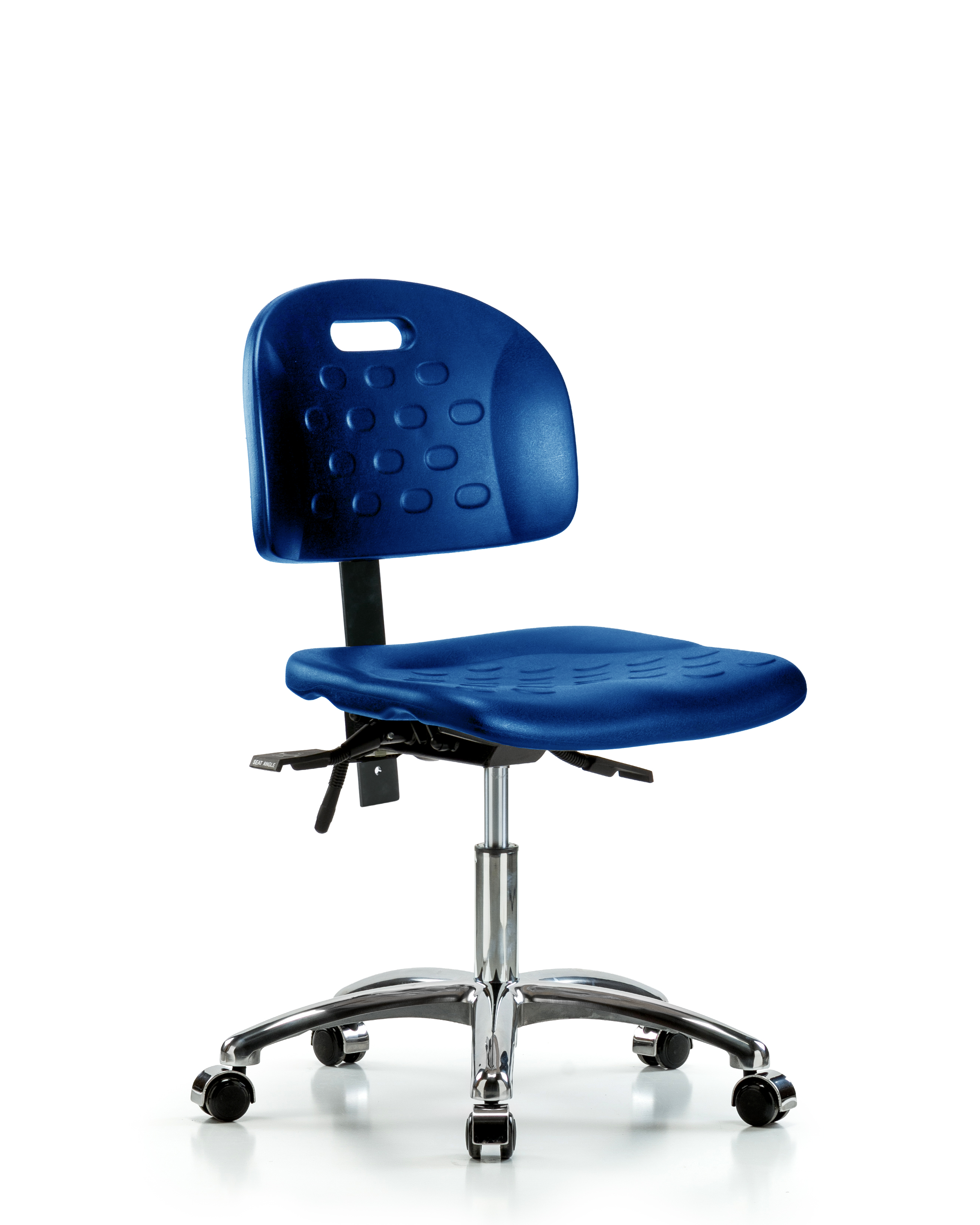 Newport Industrial Polyurethane Chair Chrome - Desk Height with Seat Tilt & Casters in Blue Polyurethane