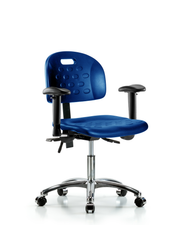 Newport Industrial Polyurethane Chair Chrome - Desk Height with Seat Tilt, Adjustable Arms, & Casters in Blue Polyurethane