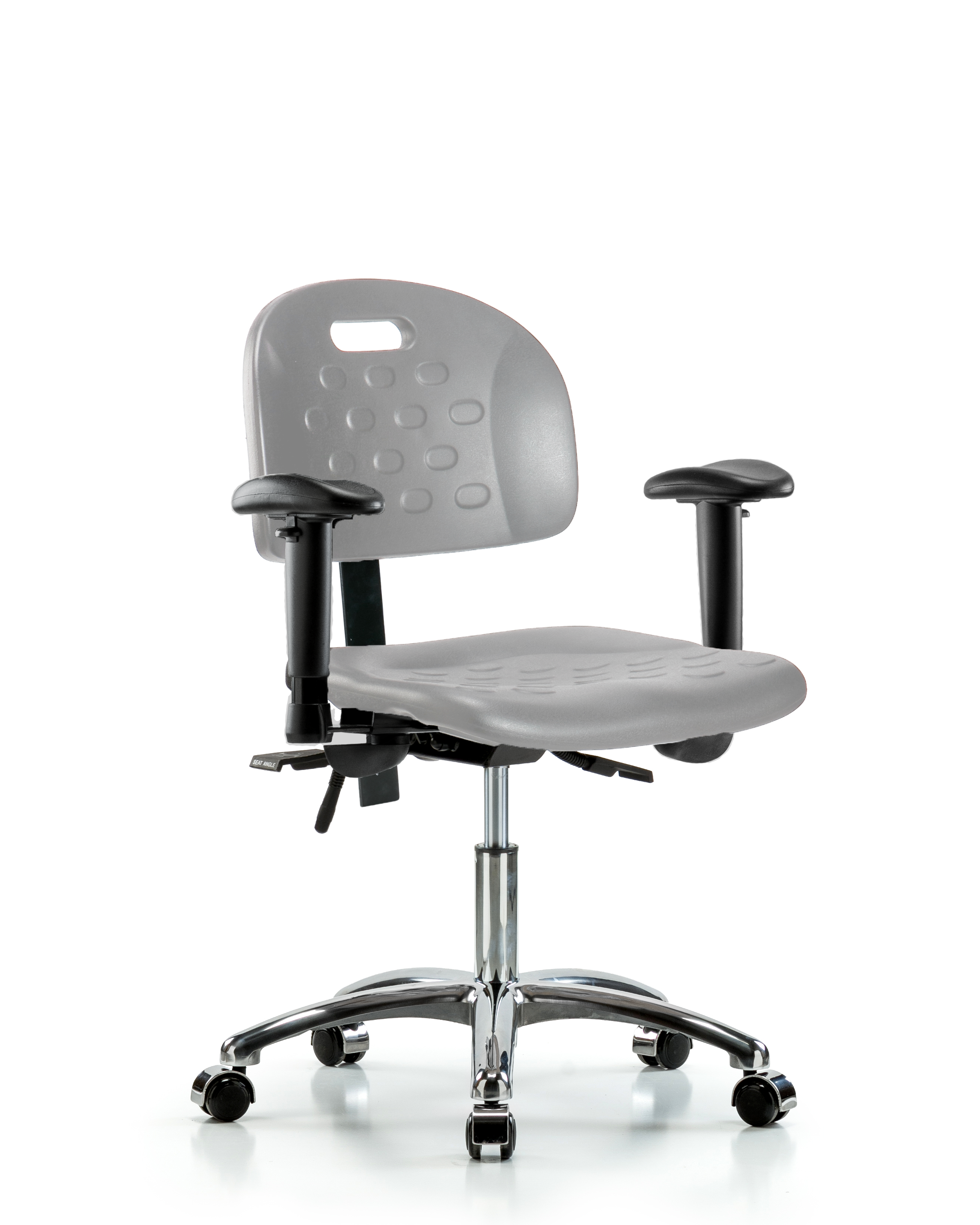 Newport Industrial Polyurethane Chair Chrome - Desk Height with Seat Tilt, Adjustable Arms, & Casters in Gray Polyurethane