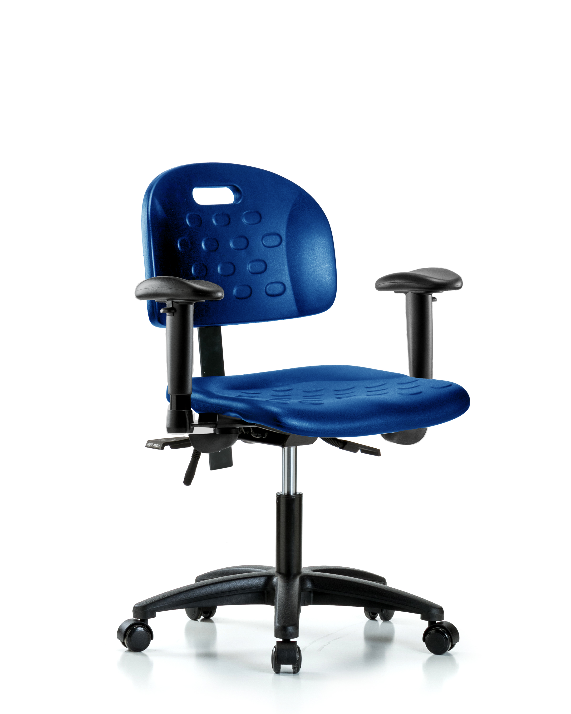 Newport Industrial Polyurethane Chair - Desk Height with Adjustable Arms & Casters in Blue Polyurethane