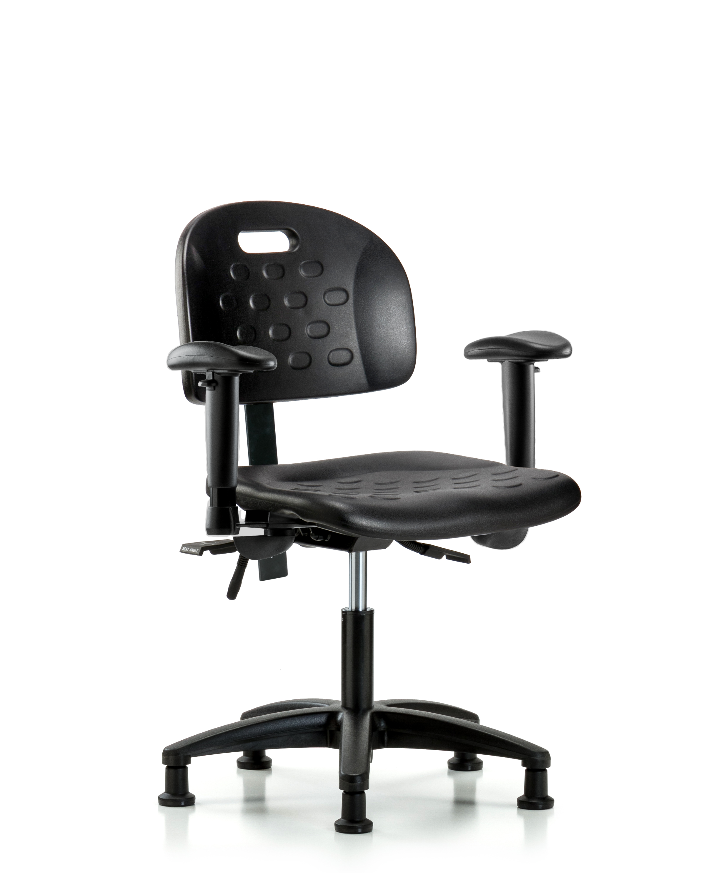 Newport Industrial Polyurethane Chair - Desk Height with Adjustable Arms & Stationary Glides in Black Polyurethane