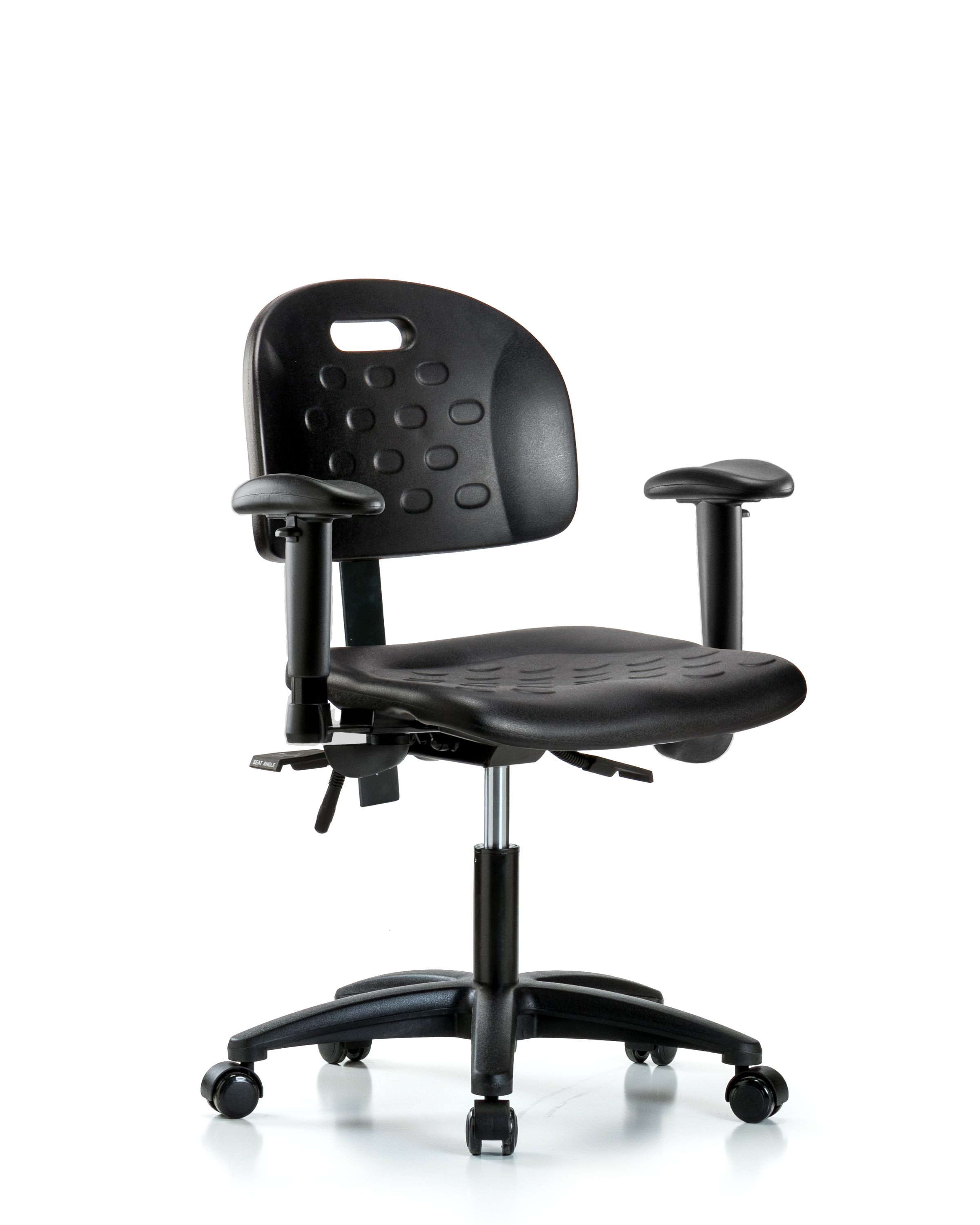 Newport Industrial Polyurethane Chair - Desk Height with Seat Tilt, Adjustable Arms, & Casters in Black Polyurethane