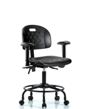 Newport Industrial Polyurethane Chair with Round Tube Base - Desk Height with Adjustable Arms & Casters in Black Polyurethane