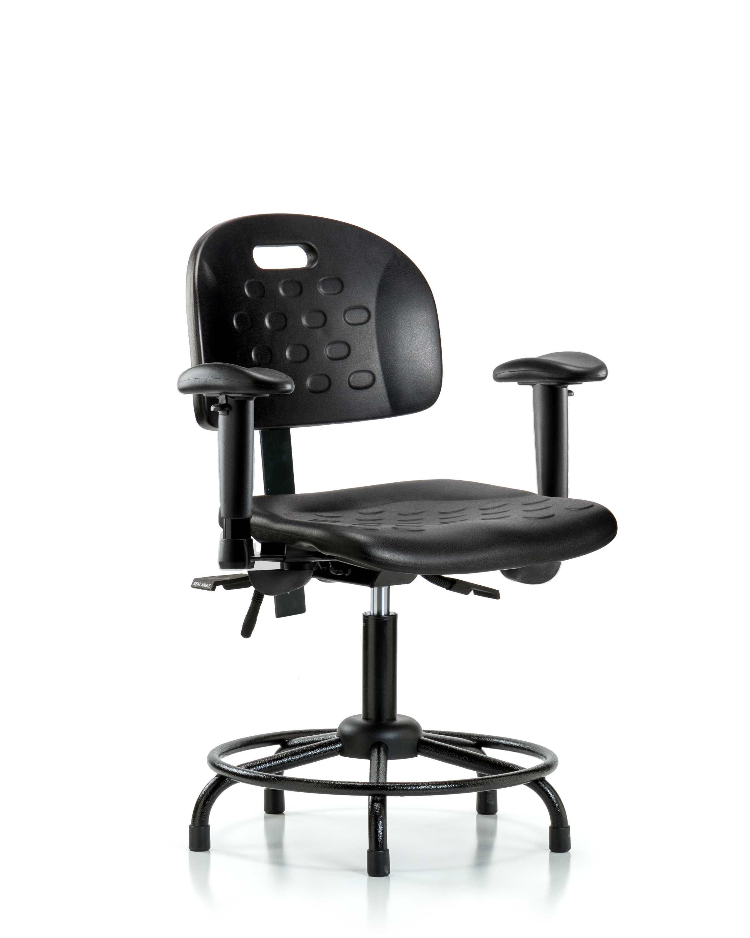 Newport Industrial Polyurethane Chair with Round Tube Base - Desk Height with Adjustable Arms & Stationary Glides in Black Polyurethane