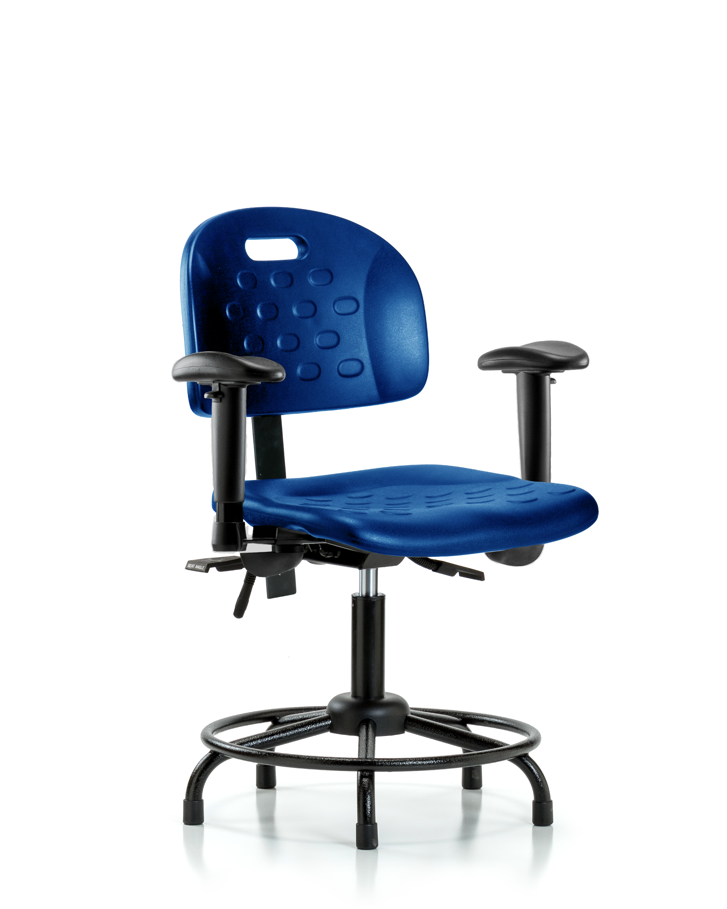 Newport Industrial Polyurethane Chair with Round Tube Base - Desk Height with Adjustable Arms & Stationary Glides in Blue Polyurethane