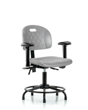 Newport Industrial Polyurethane Chair with Round Tube Base - Desk Height with Adjustable Arms & Stationary Glides in Gray Polyurethane