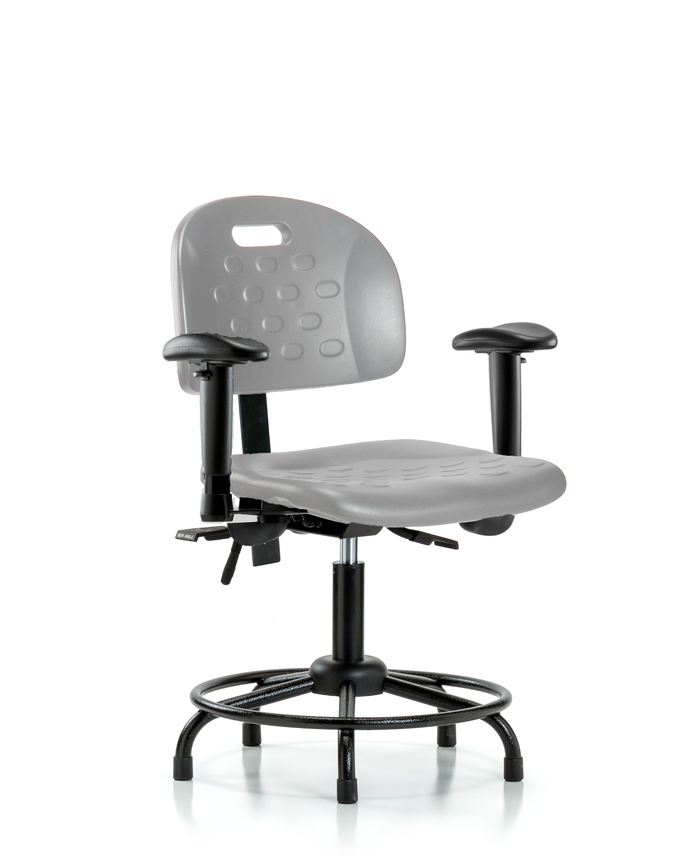 Newport Industrial Polyurethane Chair with Round Tube Base - Desk Height with Adjustable Arms & Stationary Glides in Gray Polyurethane
