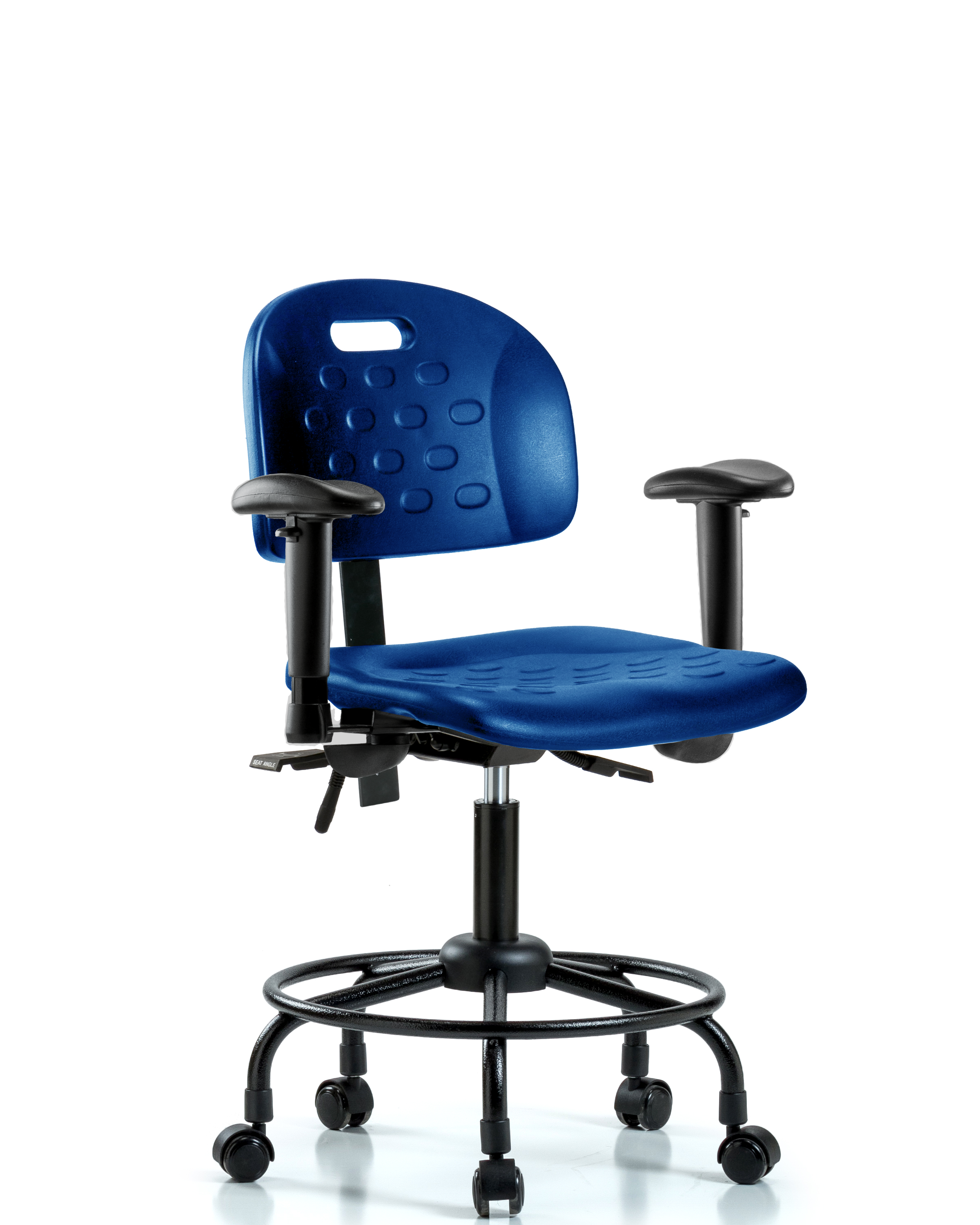 Newport Industrial Polyurethane Chair with Round Tube Base - Desk Height with Seat Tilt, Adjustable Arms, & Casters in Blue Polyurethane