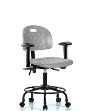 Newport Industrial Polyurethane Chair with Round Tube Base - Desk Height with Seat Tilt, Adjustable Arms, & Casters in Gray Polyurethane