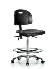 Newport Industrial Polyurethane Chair Chrome - High Bench Height with Chrome Foot Ring & Casters in Black Polyurethane