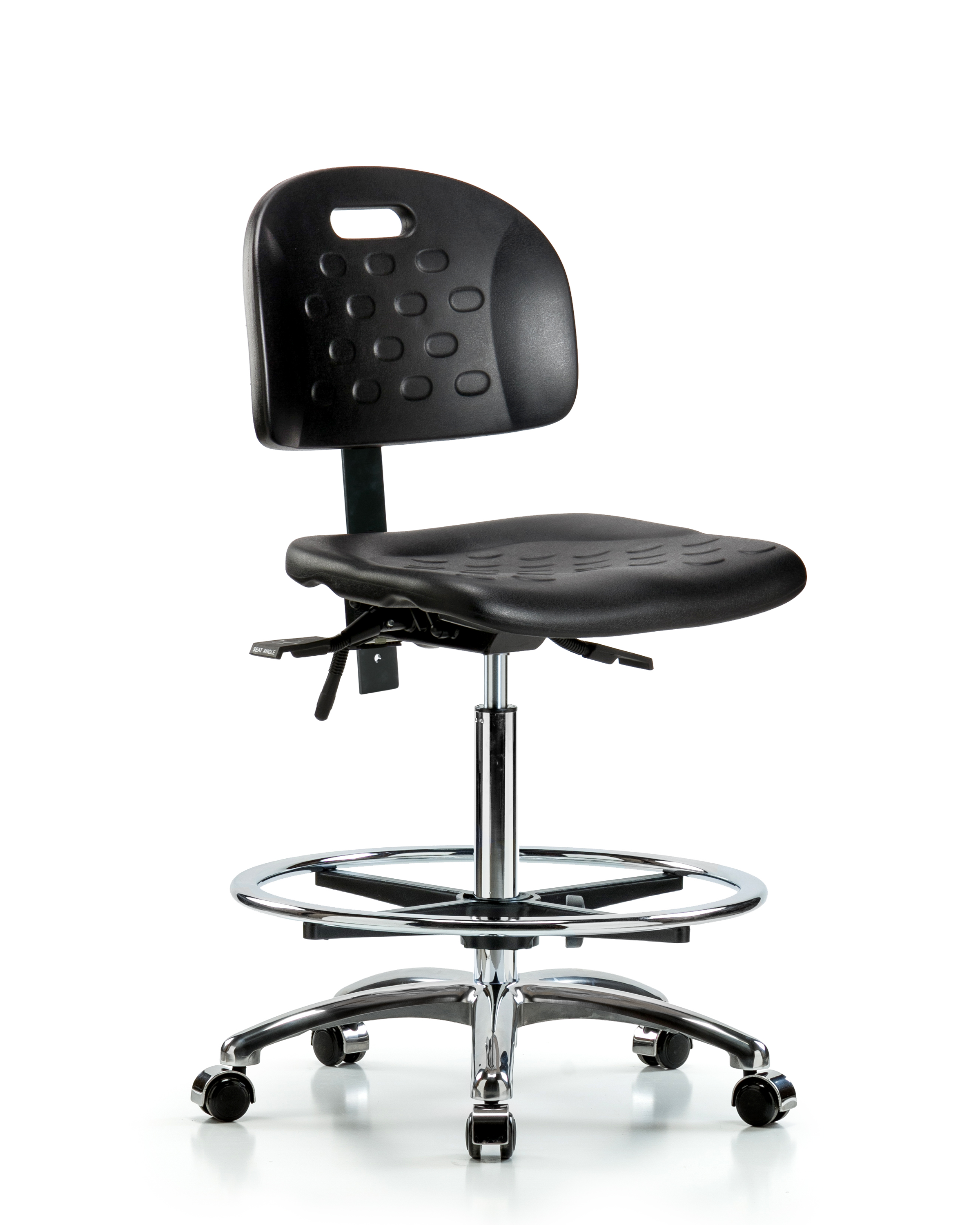 Newport Industrial Polyurethane Chair Chrome - High Bench Height with Chrome Foot Ring & Casters in Black Polyurethane