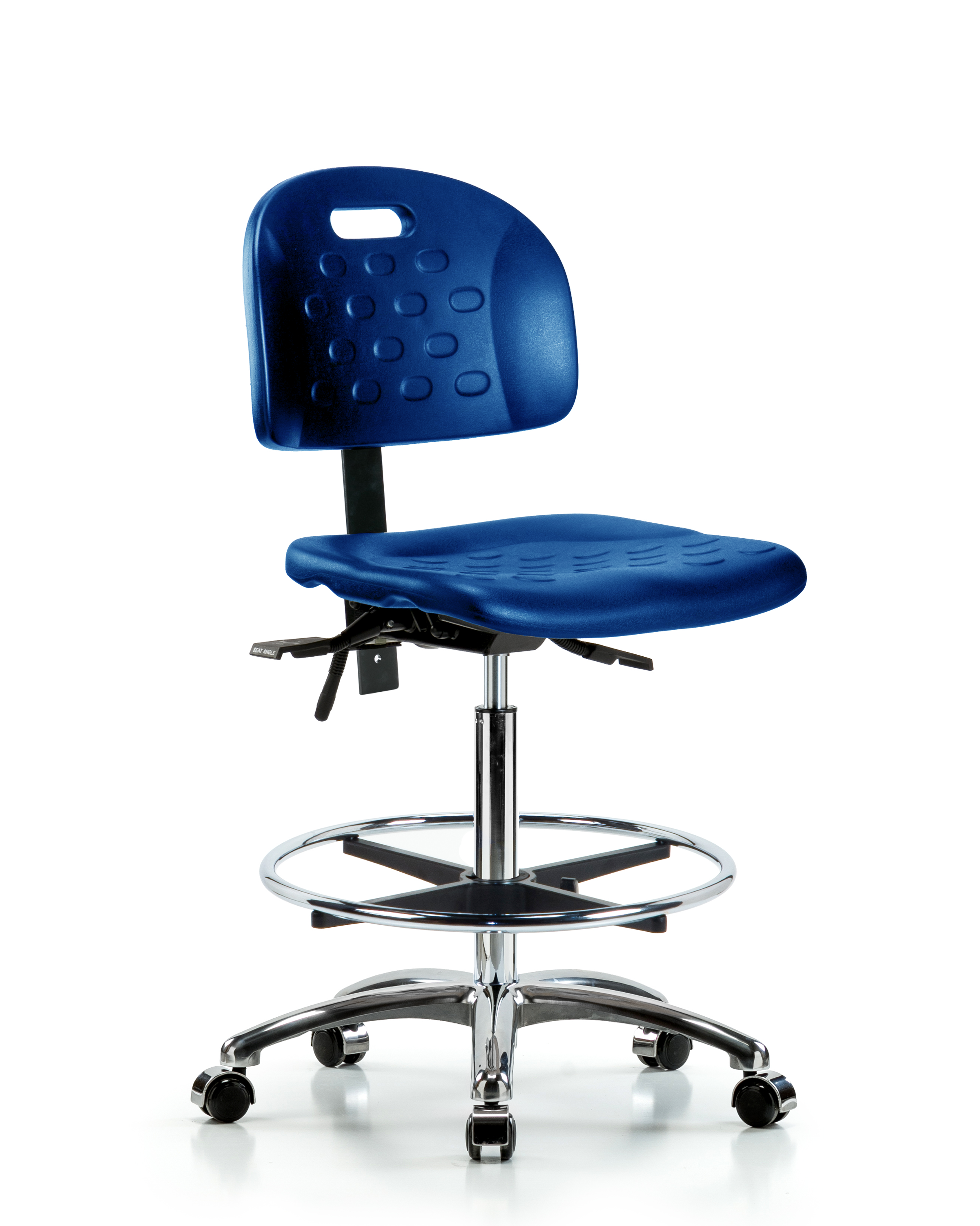 Newport Industrial Polyurethane Chair Chrome - High Bench Height with Chrome Foot Ring & Casters in Blue Polyurethane