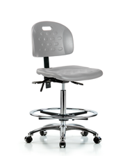 Newport Industrial Polyurethane Chair Chrome - High Bench Height with Chrome Foot Ring & Casters in Gray Polyurethane