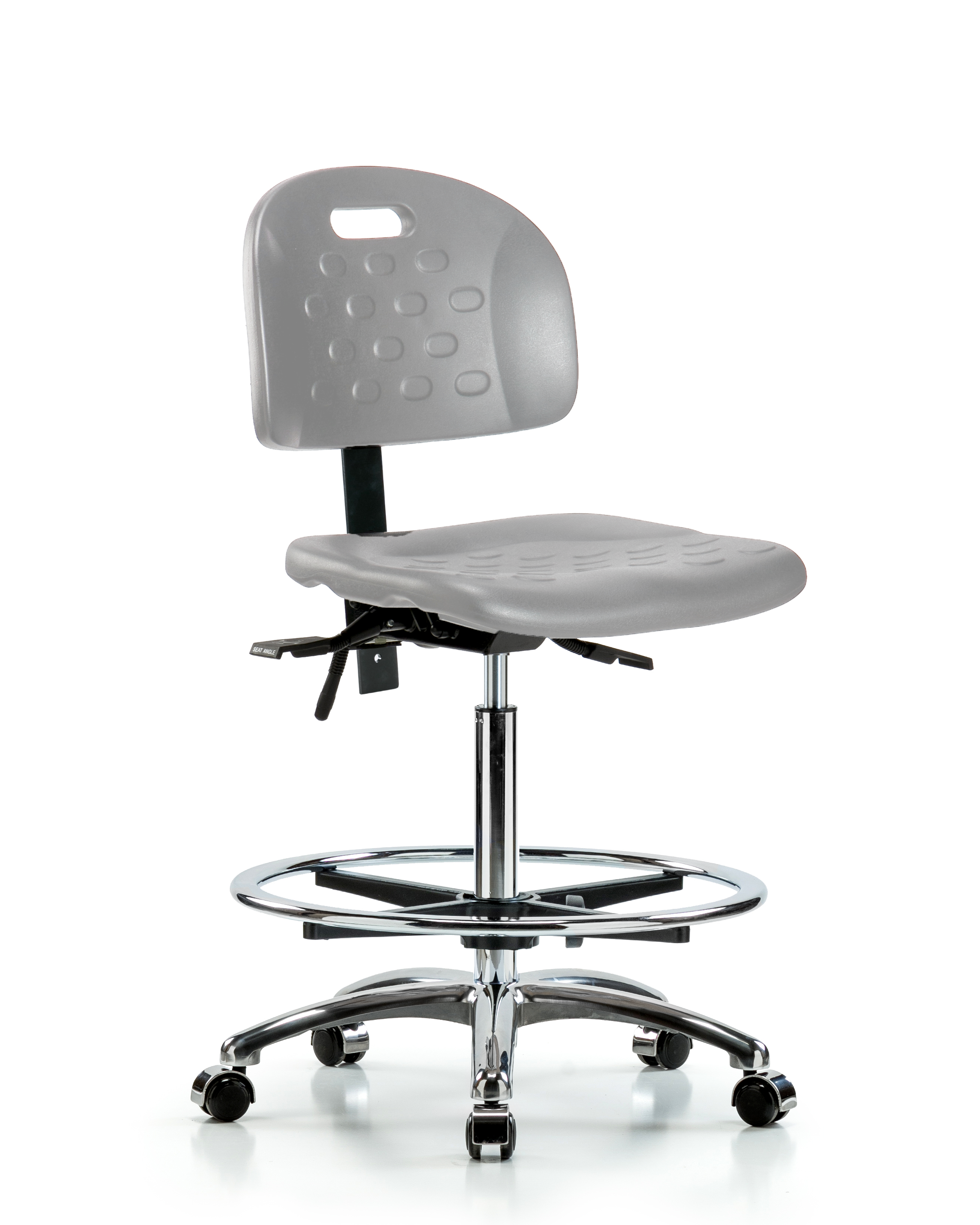 Newport Industrial Polyurethane Chair Chrome - High Bench Height with Chrome Foot Ring & Casters in Gray Polyurethane