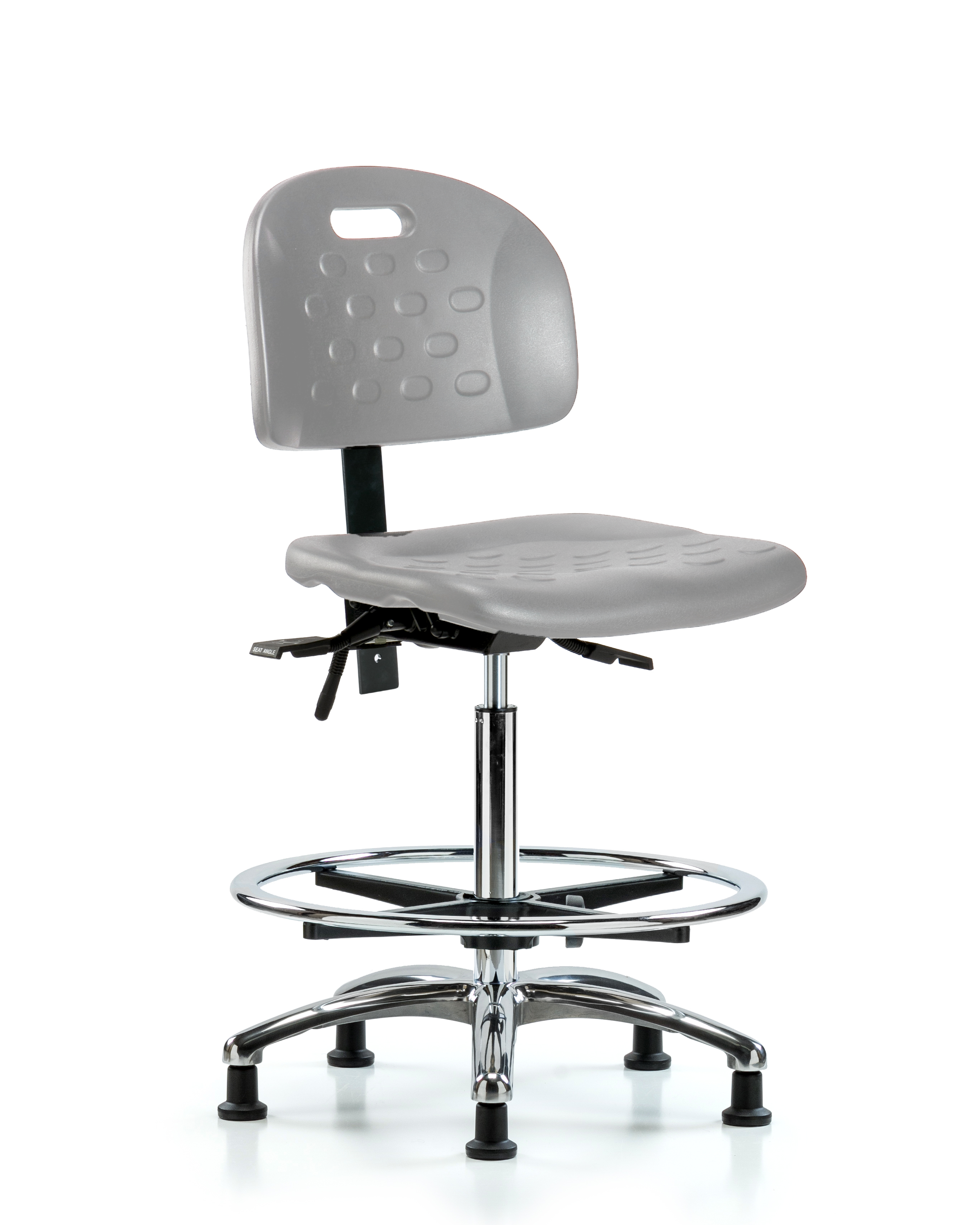 Newport Industrial Polyurethane Chair Chrome - High Bench Height with Chrome Foot Ring & Stationary Glides in Gray Polyurethane