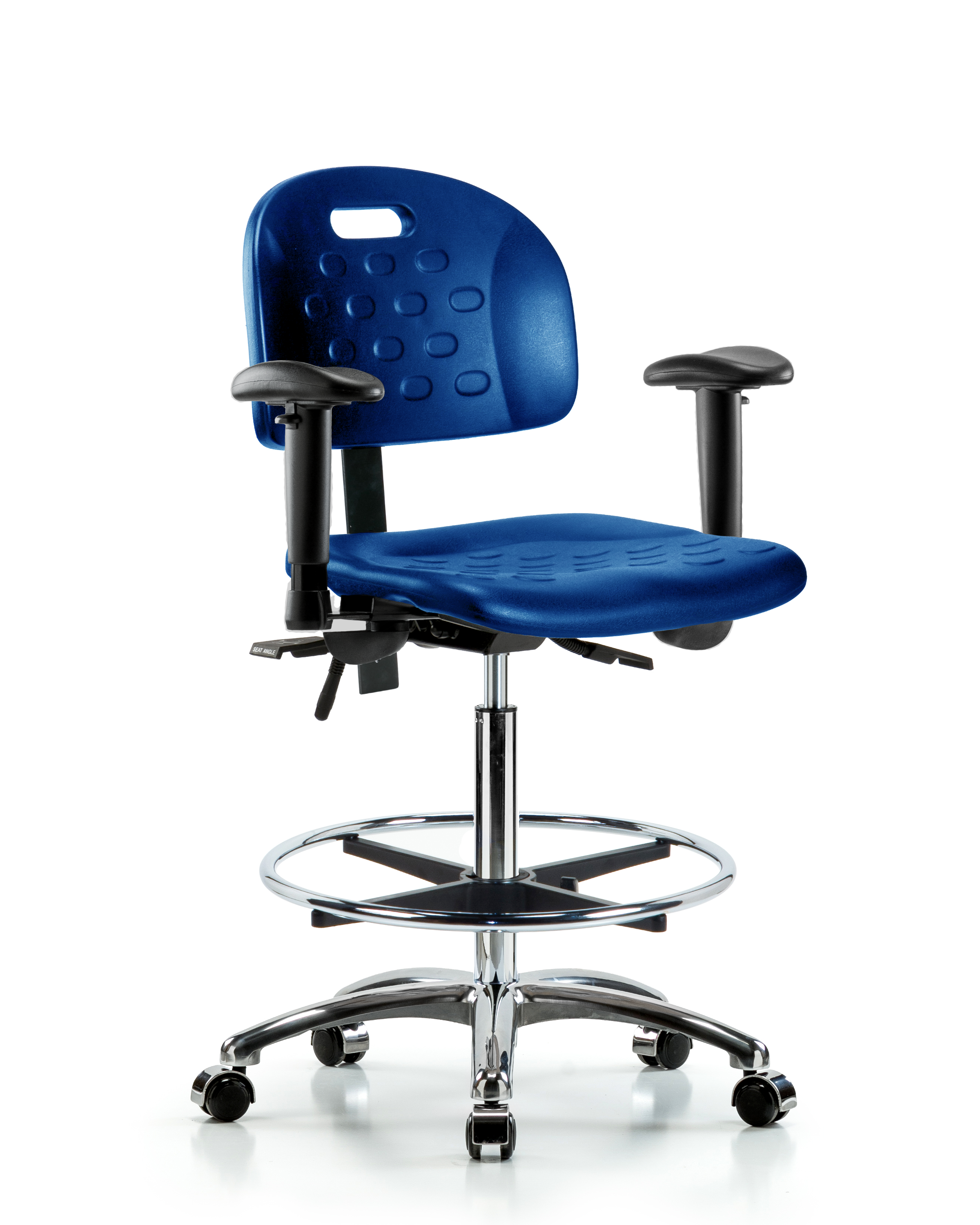 Newport Industrial Polyurethane Chair Chrome - High Bench Height with Adjustable Arms, Chrome Foot Ring, & Casters in Blue Polyurethane