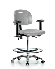 Newport Industrial Polyurethane Chair Chrome - High Bench Height with Adjustable Arms, Chrome Foot Ring, & Casters in Gray Polyurethane