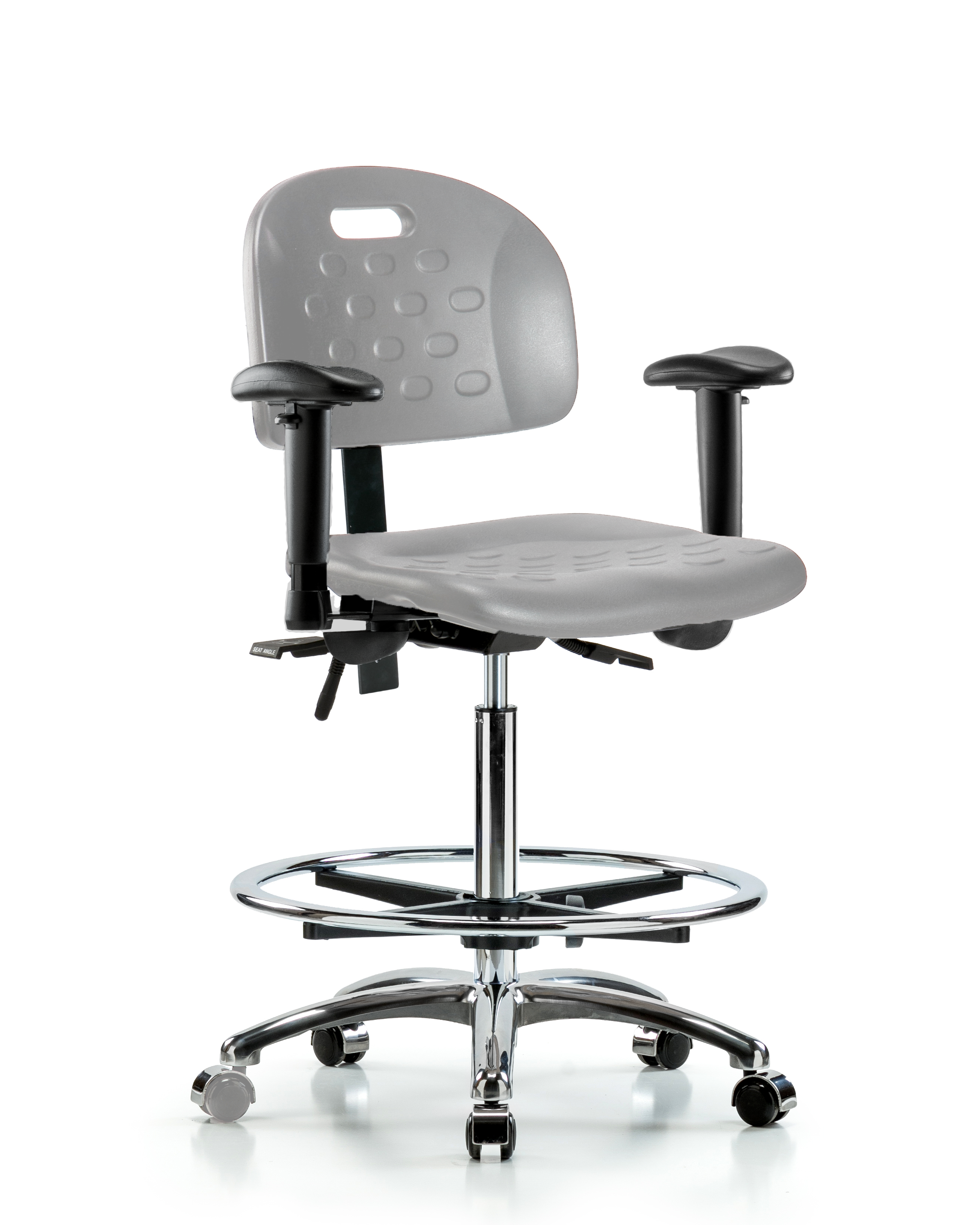 Newport Industrial Polyurethane Chair Chrome - High Bench Height with Adjustable Arms, Chrome Foot Ring, & Casters in Gray Polyurethane