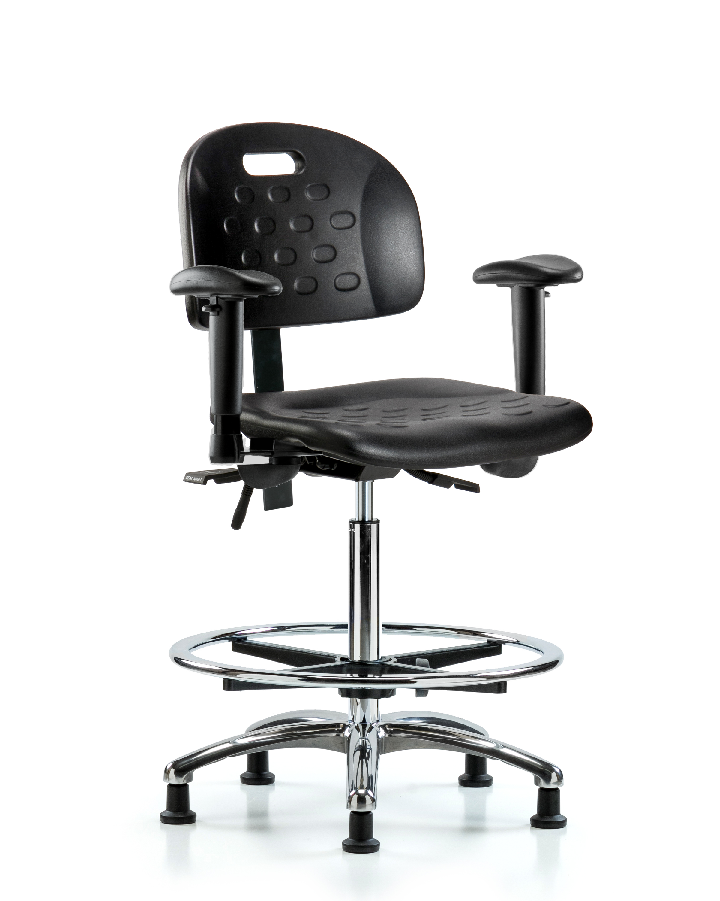 Newport Industrial Polyurethane Chair Chrome - High Bench Height with Adjustable Arms, Chrome Foot Ring, & Stationary Glides in Black Polyurethane
