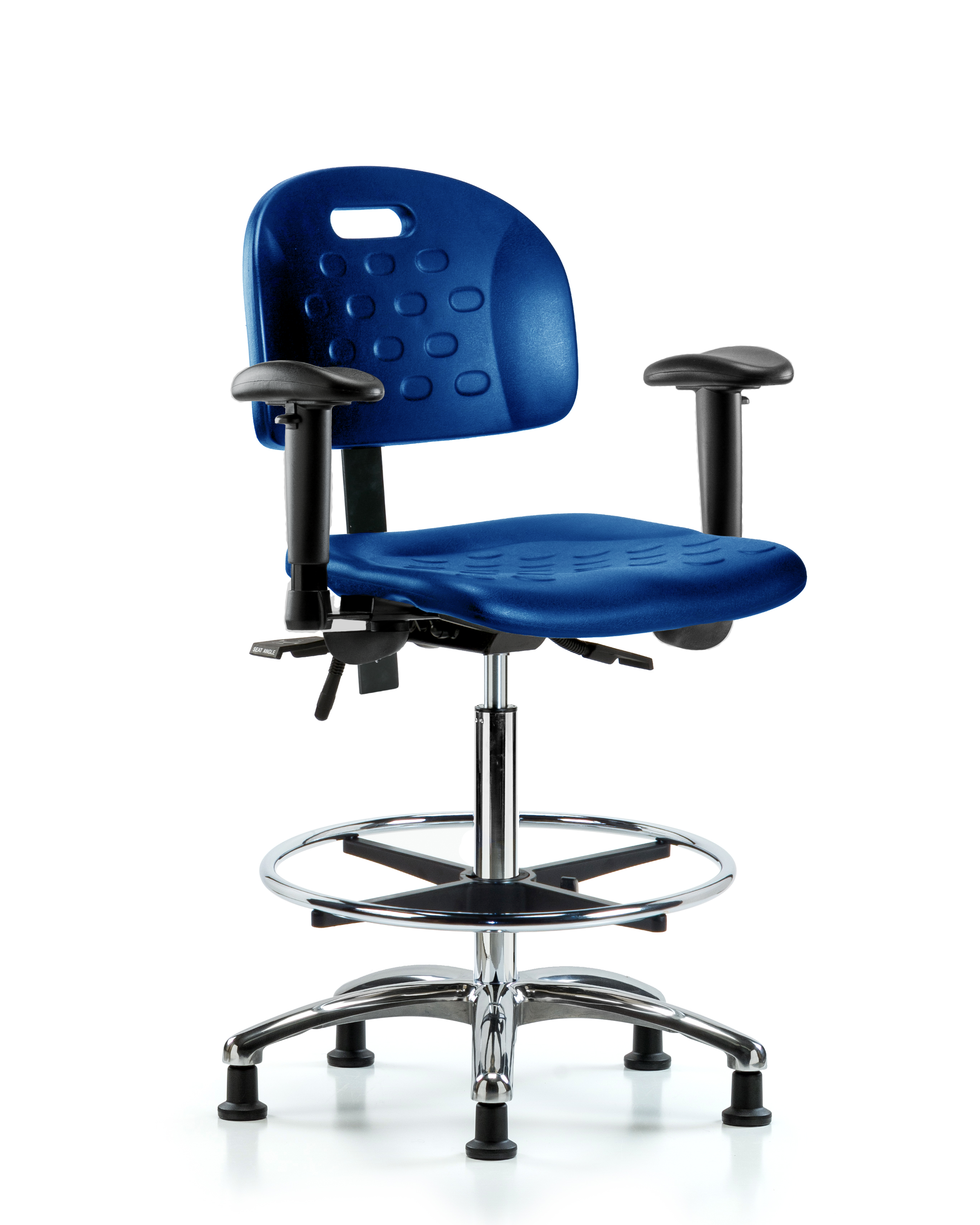 Newport Industrial Polyurethane Chair Chrome - High Bench Height with Adjustable Arms, Chrome Foot Ring, & Stationary Glides in Blue Polyurethane