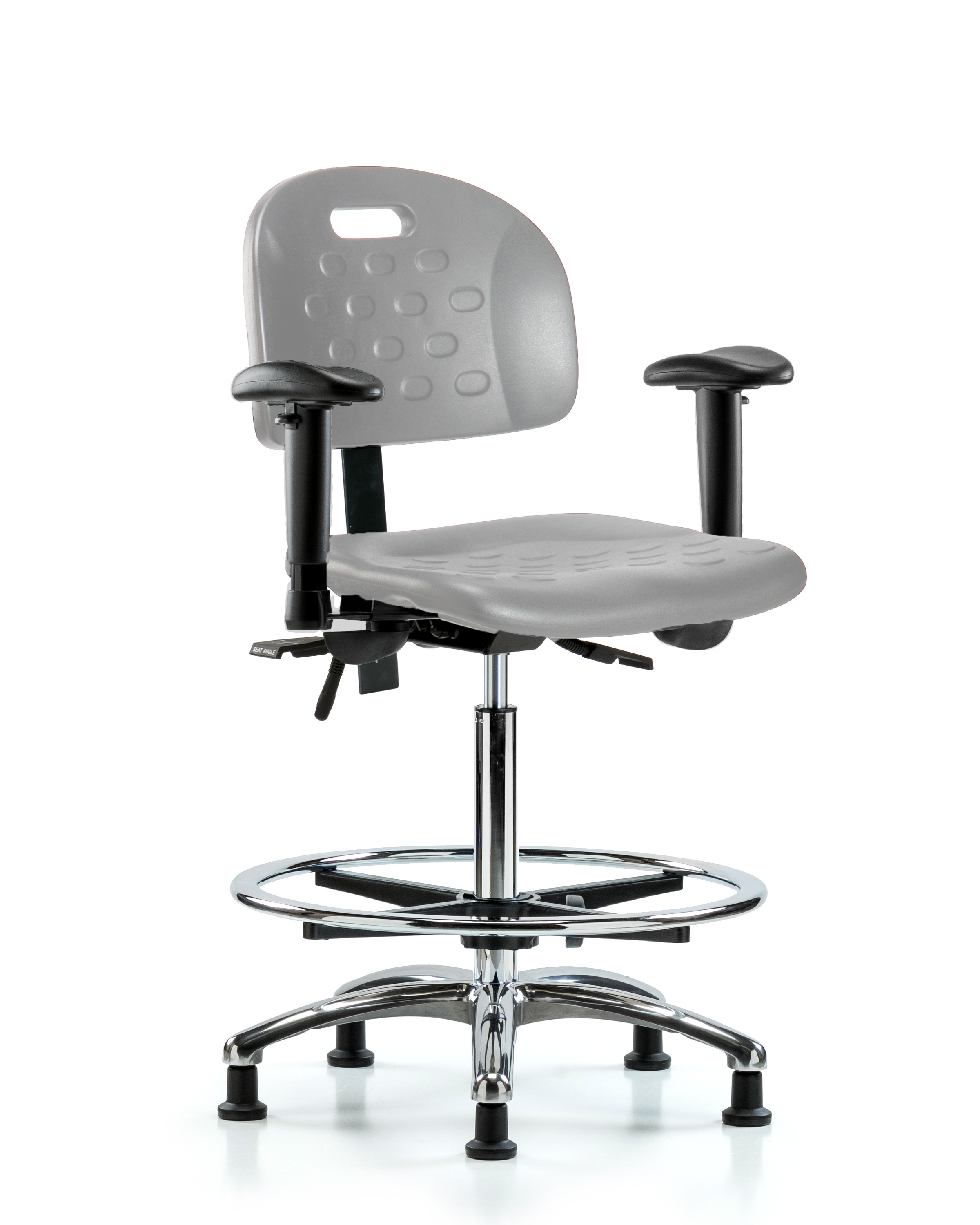 Newport Industrial Polyurethane Chair Chrome - High Bench Height with Adjustable Arms, Chrome Foot Ring, & Stationary Glides in Gray Polyurethane