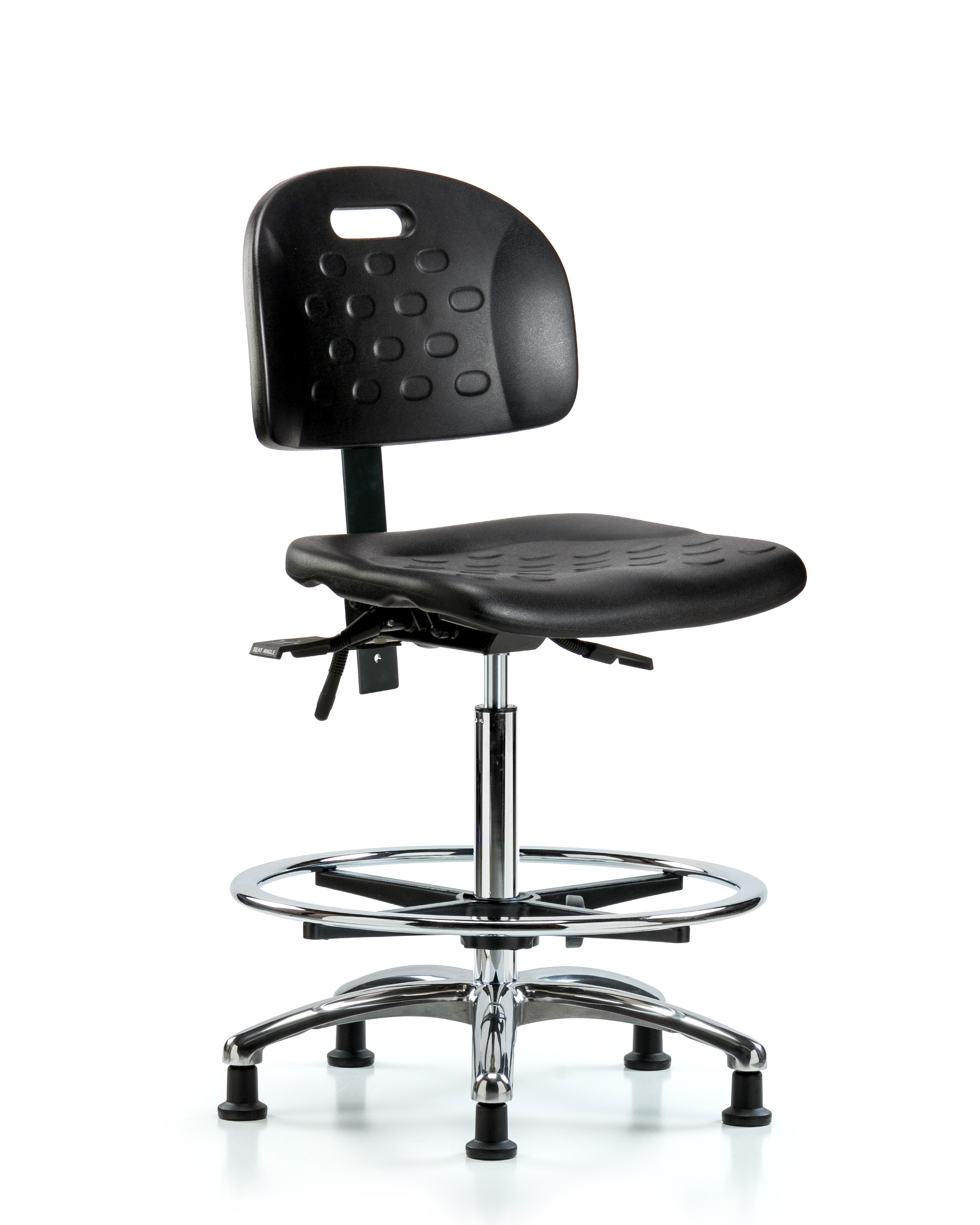 Newport Industrial Polyurethane Chair Chrome - High Bench Height with Seat Tilt, Chrome Foot Ring, & Stationary Glides in Black Polyurethane