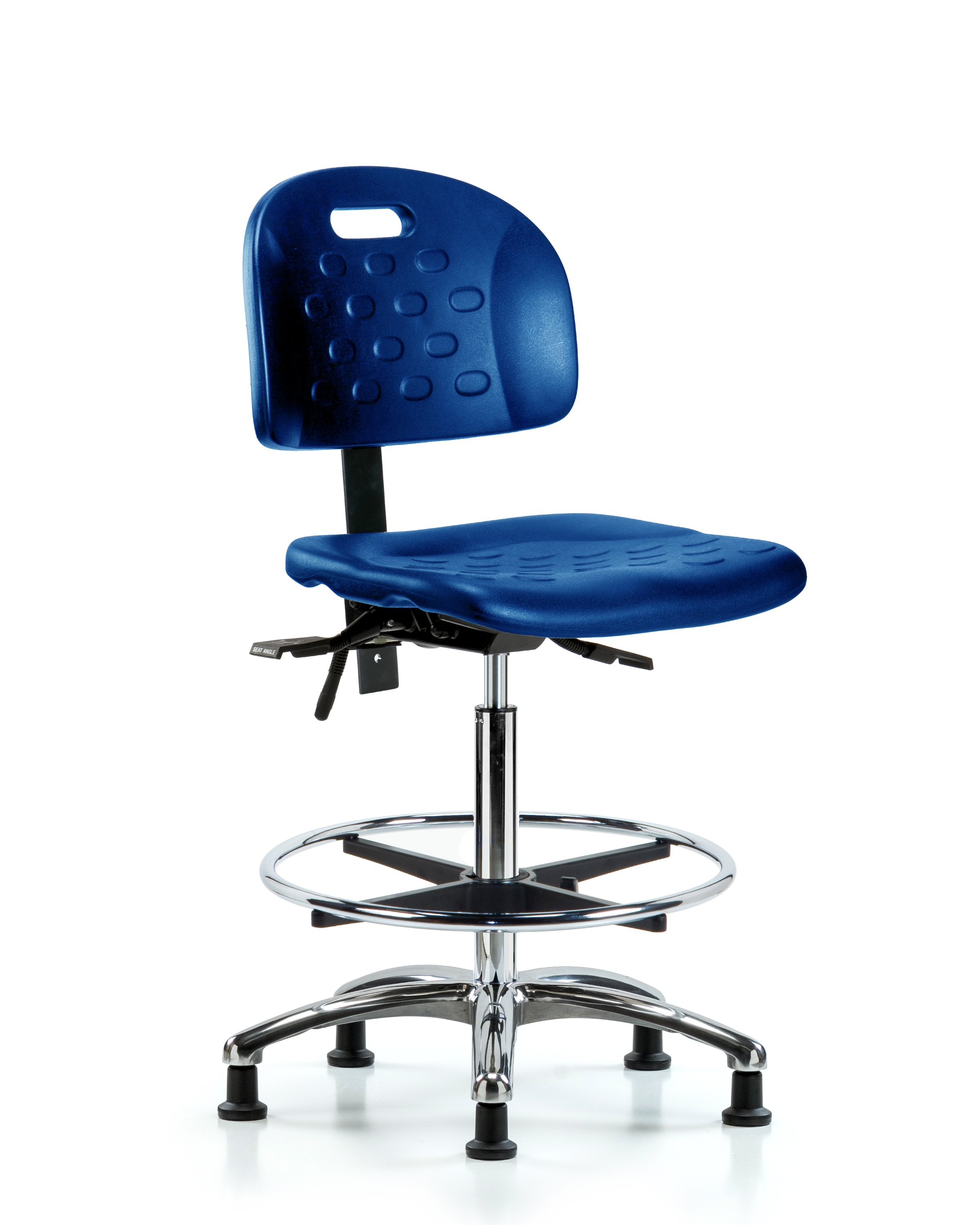 Newport Industrial Polyurethane Chair Chrome - High Bench Height with Seat Tilt, Chrome Foot Ring, & Stationary Glides in Blue Polyurethane