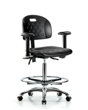 Newport Industrial Polyurethane Chair Chrome - High Bench Height with Seat Tilt, Adjustable Arms, Chrome Foot Ring, & Casters in Black Polyurethane
